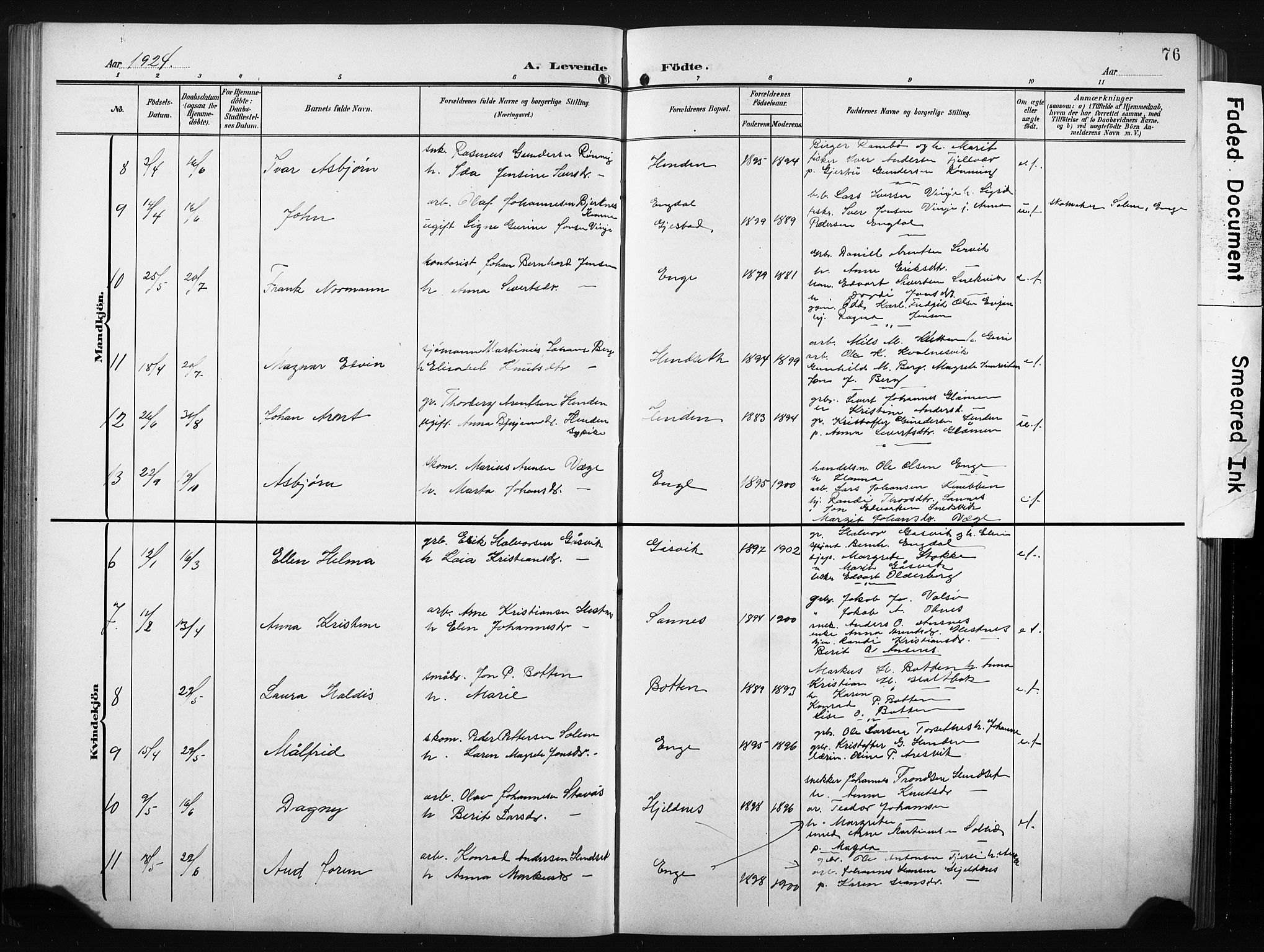 Ministerialprotokoller, klokkerbøker og fødselsregistre - Møre og Romsdal, AV/SAT-A-1454/580/L0927: Parish register (copy) no. 580C02, 1904-1932, p. 76