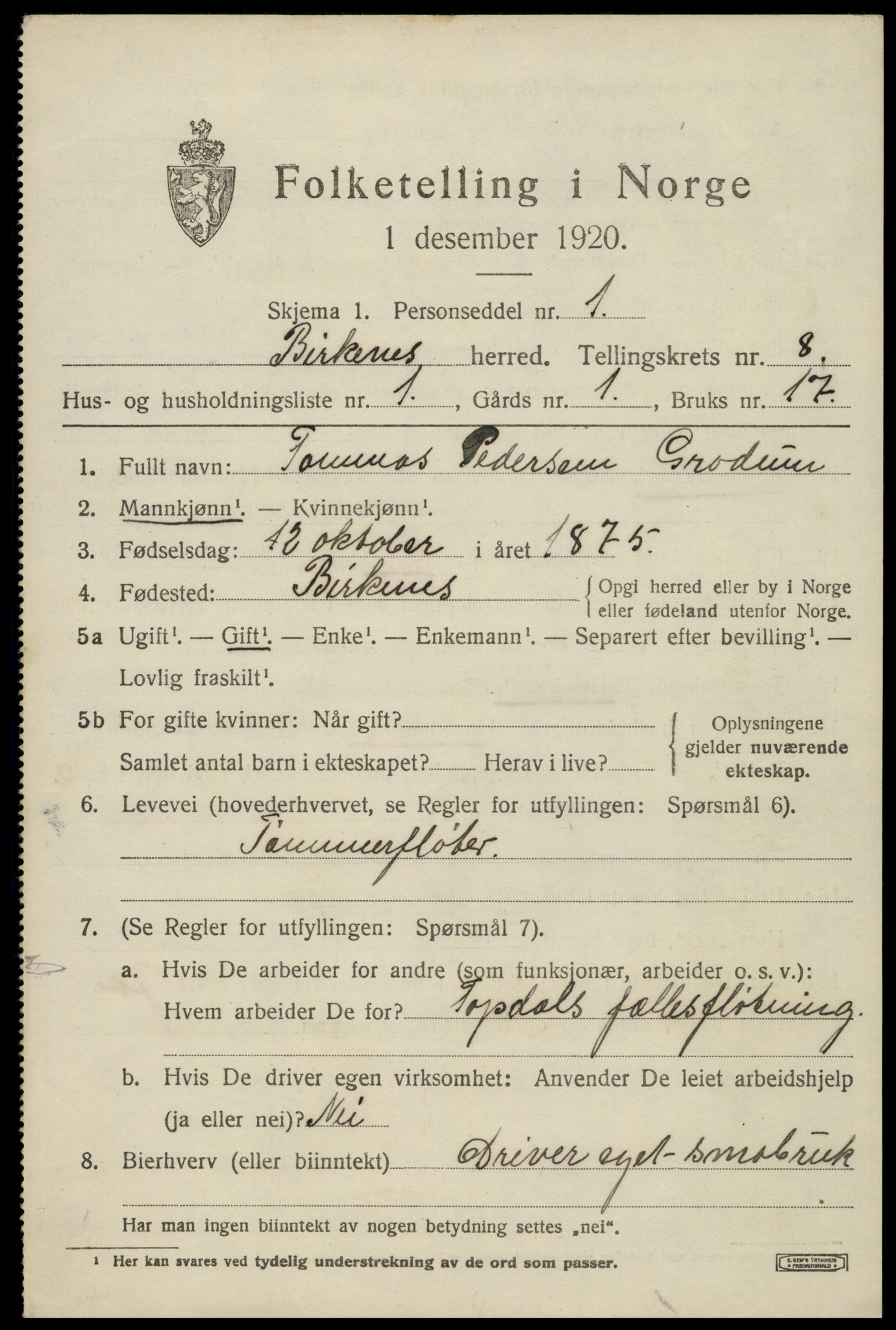 SAK, 1920 census for Birkenes, 1920, p. 4125