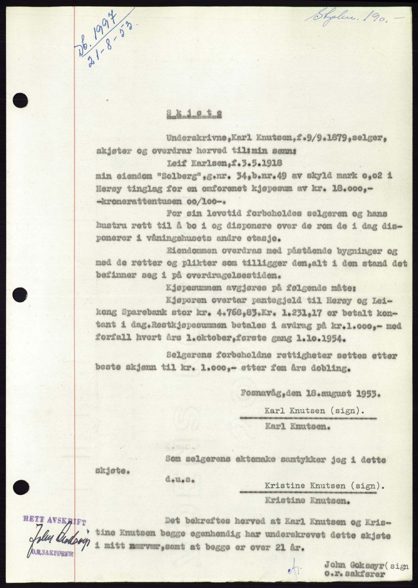 Søre Sunnmøre sorenskriveri, AV/SAT-A-4122/1/2/2C/L0095: Mortgage book no. 21A, 1953-1953, Diary no: : 1997/1953