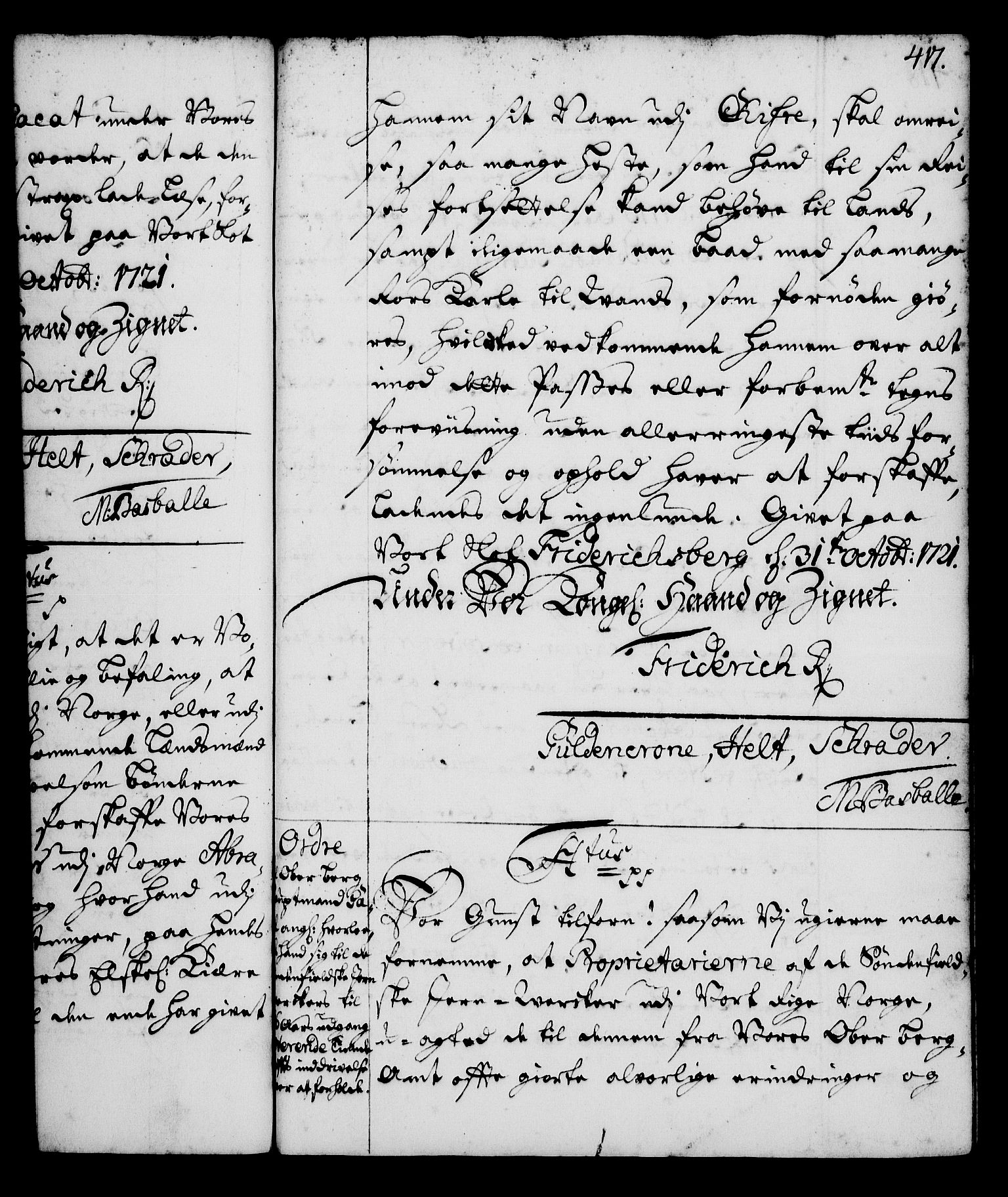 Rentekammeret, Kammerkanselliet, RA/EA-3111/G/Gg/Gga/L0001: Norsk ekspedisjonsprotokoll med register (merket RK 53.1), 1720-1723, p. 417