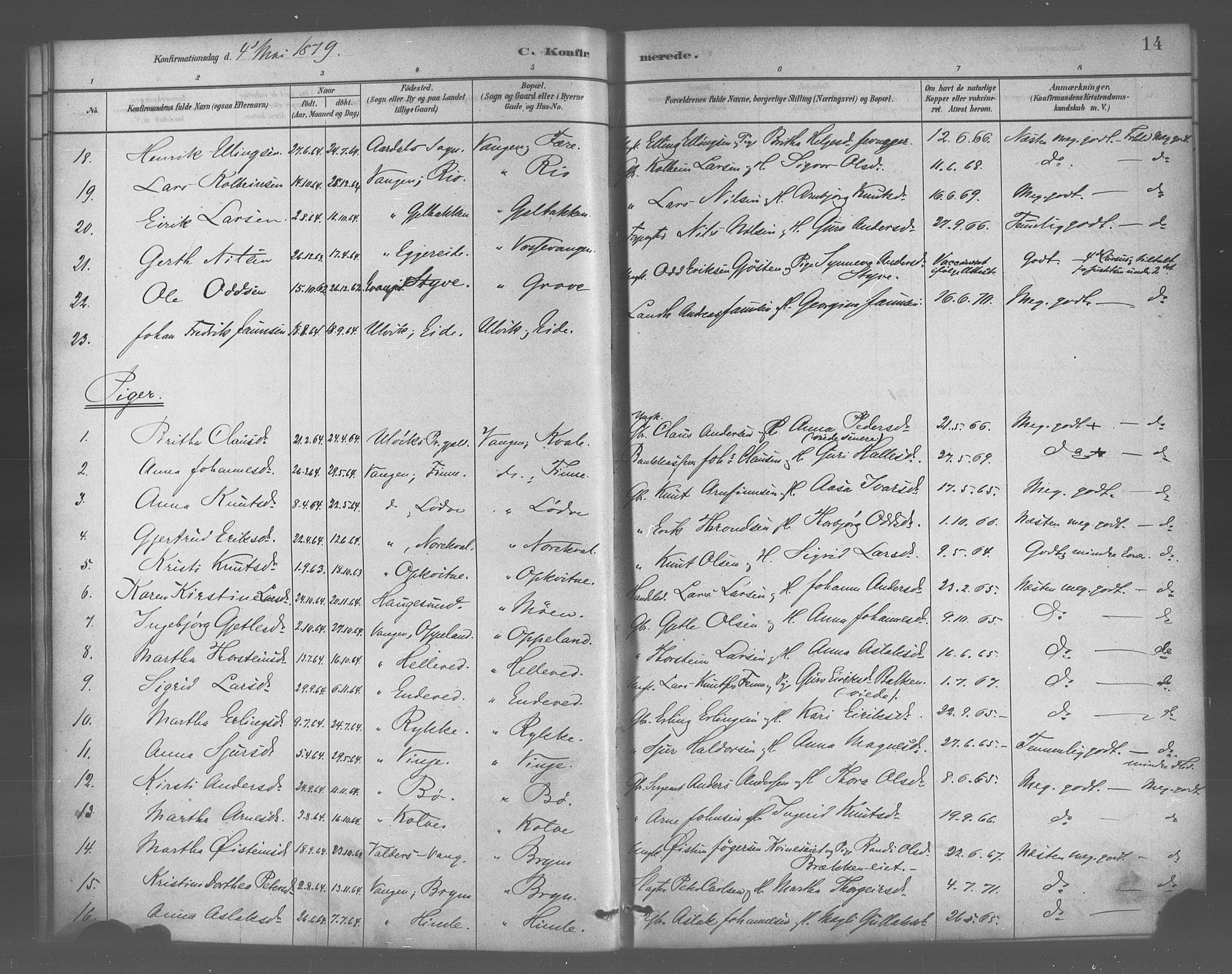 Voss sokneprestembete, SAB/A-79001/H/Haa: Parish register (official) no. B 1, 1877-1899, p. 14