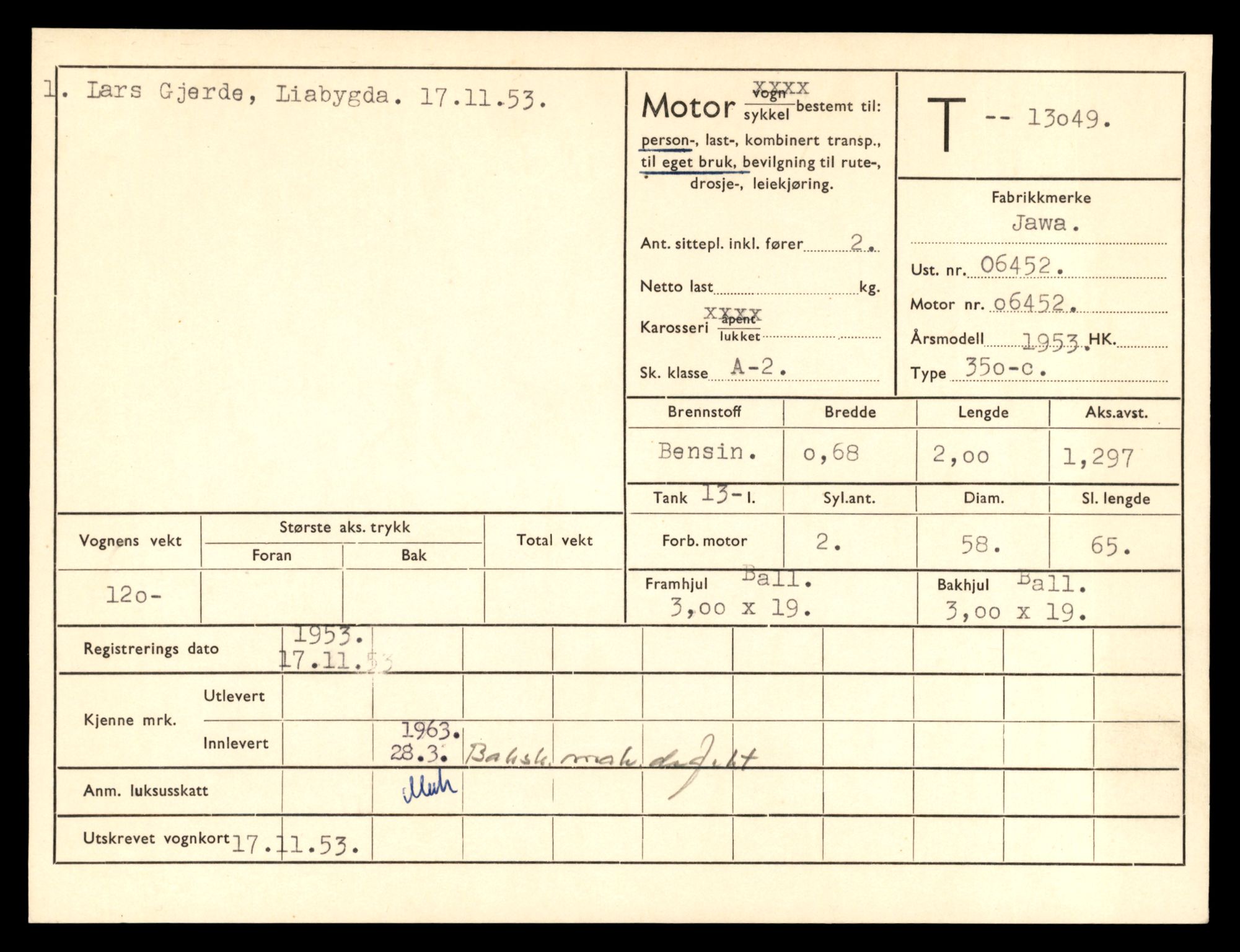 Møre og Romsdal vegkontor - Ålesund trafikkstasjon, AV/SAT-A-4099/F/Fe/L0037: Registreringskort for kjøretøy T 13031 - T 13179, 1927-1998, p. 421