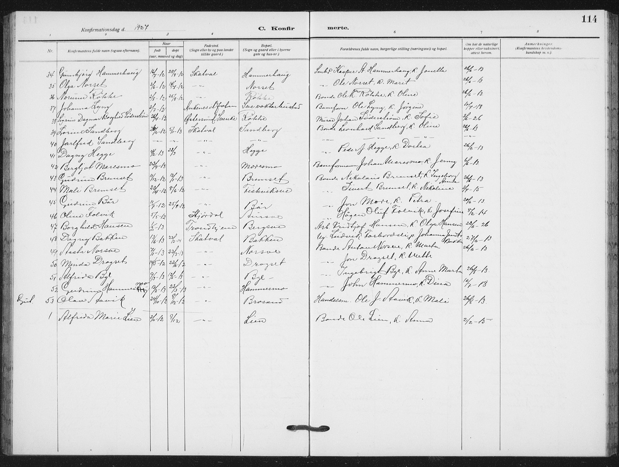 Ministerialprotokoller, klokkerbøker og fødselsregistre - Nord-Trøndelag, AV/SAT-A-1458/712/L0104: Parish register (copy) no. 712C02, 1917-1939, p. 114