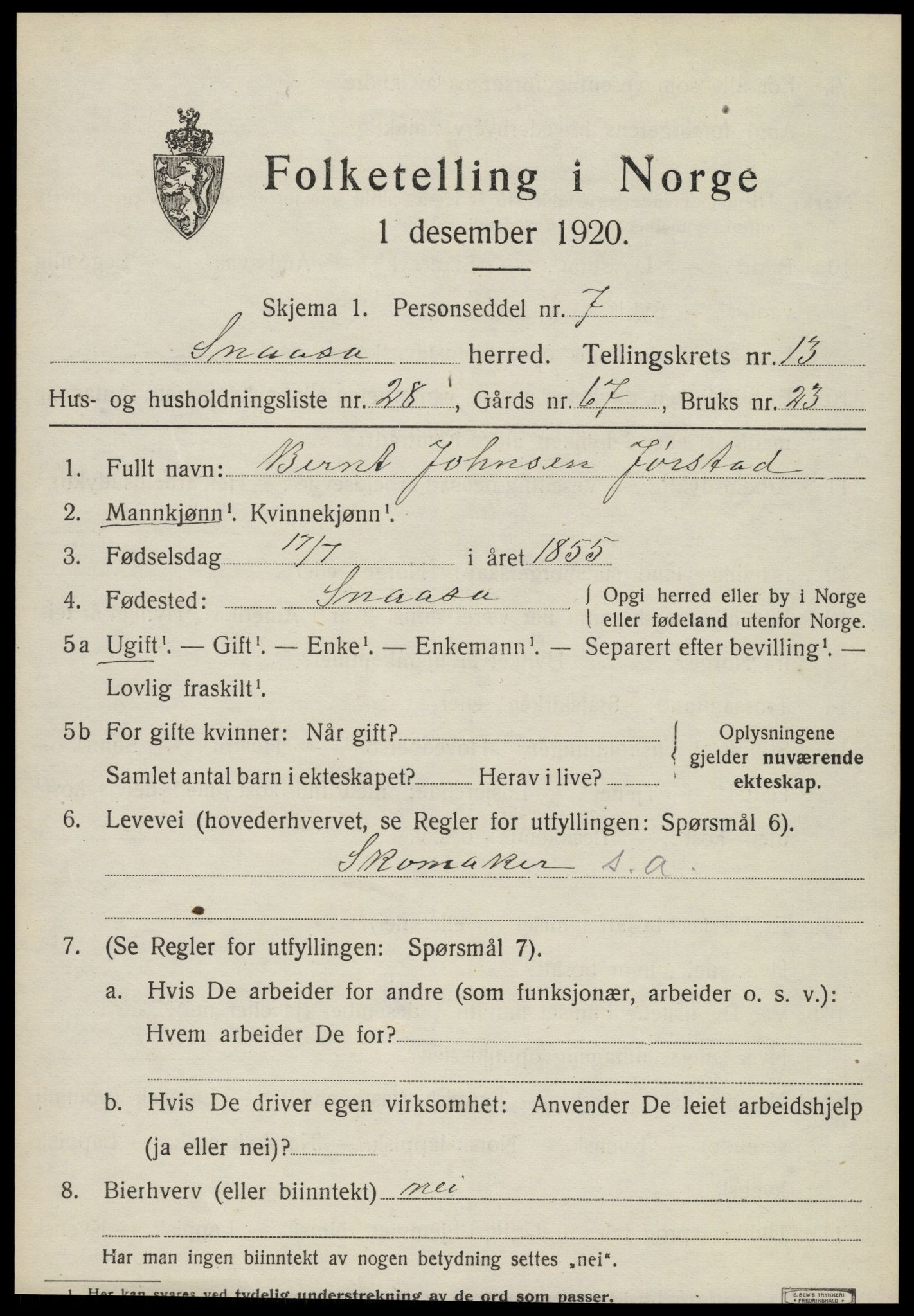 SAT, 1920 census for Snåsa, 1920, p. 5950