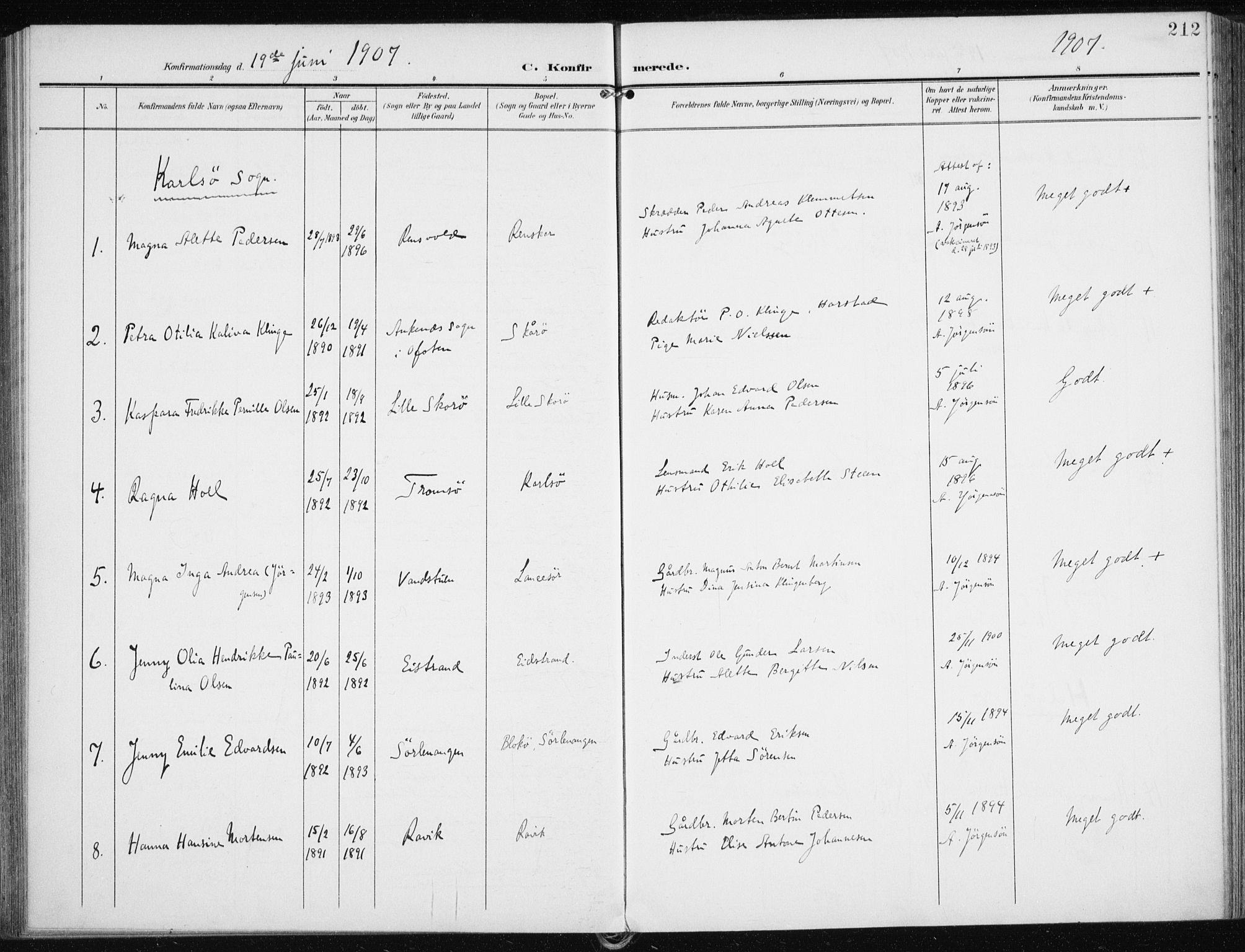 Karlsøy sokneprestembete, AV/SATØ-S-1299/H/Ha/Haa/L0014kirke: Parish register (official) no. 14, 1903-1917, p. 212