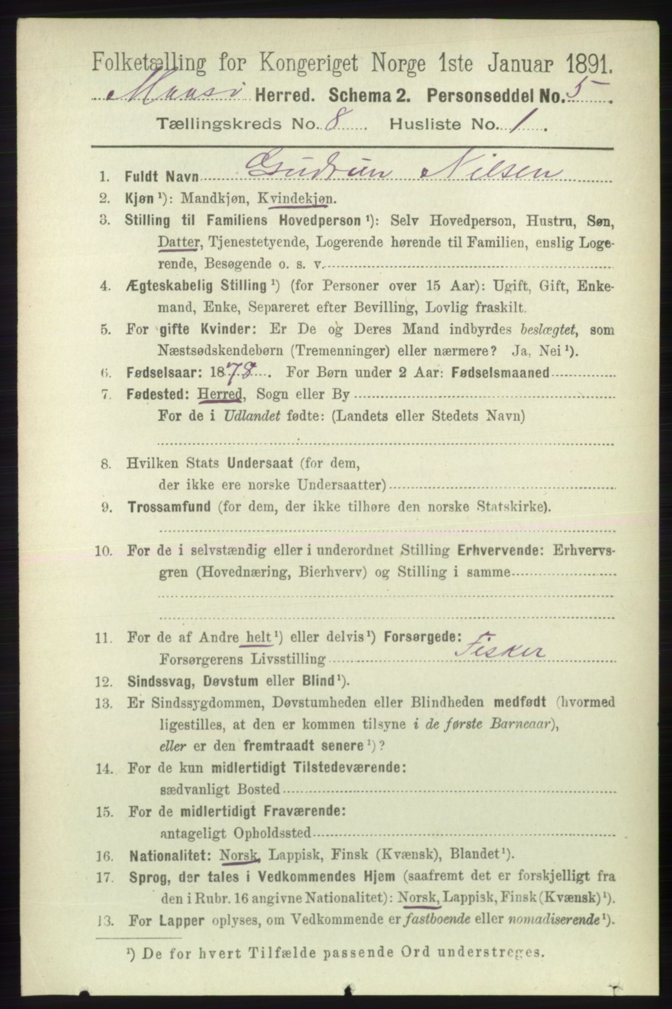 RA, 1891 census for 2018 Måsøy, 1891, p. 1526