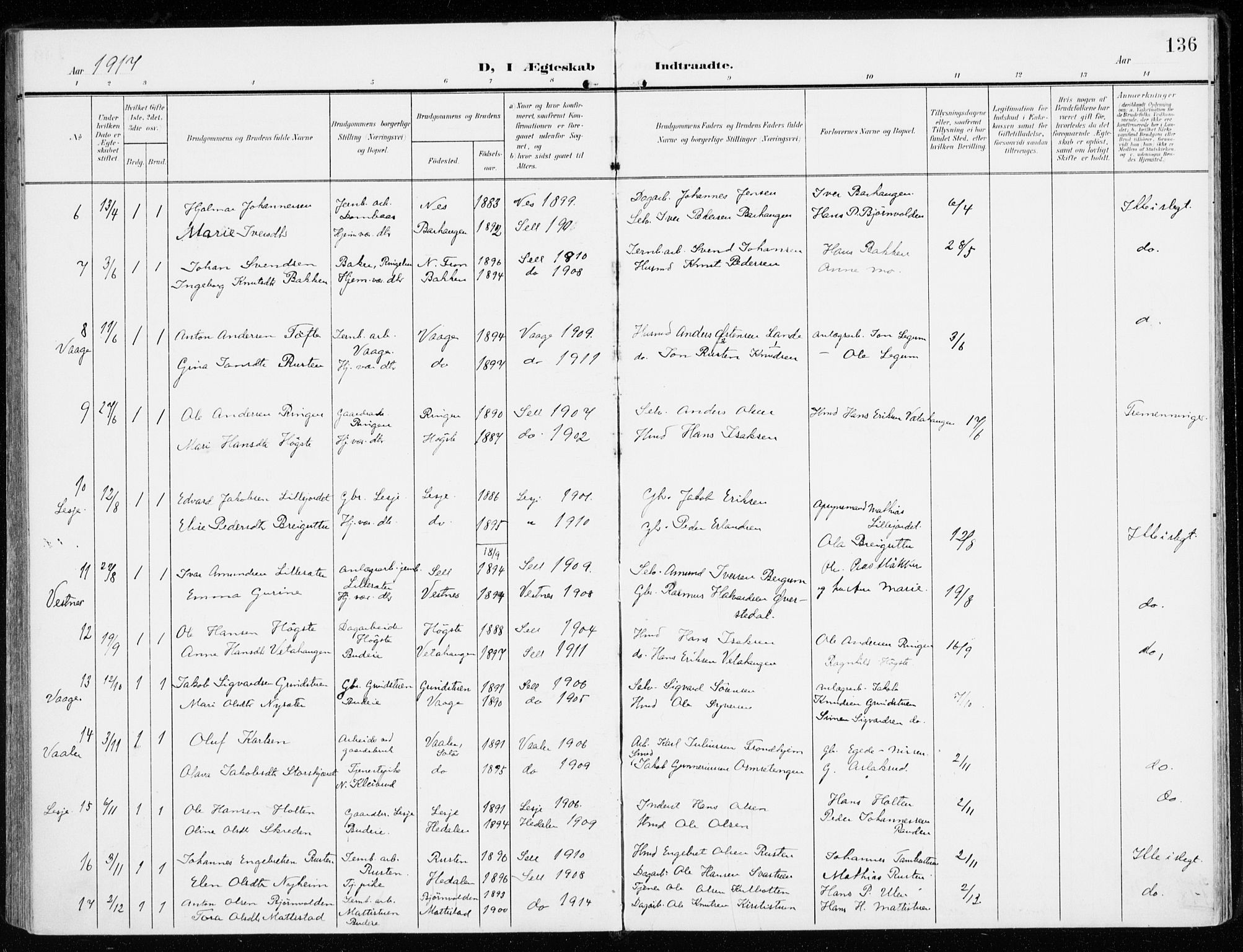 Sel prestekontor, AV/SAH-PREST-074/H/Ha/Haa/L0002: Parish register (official) no. 2, 1905-1919, p. 136