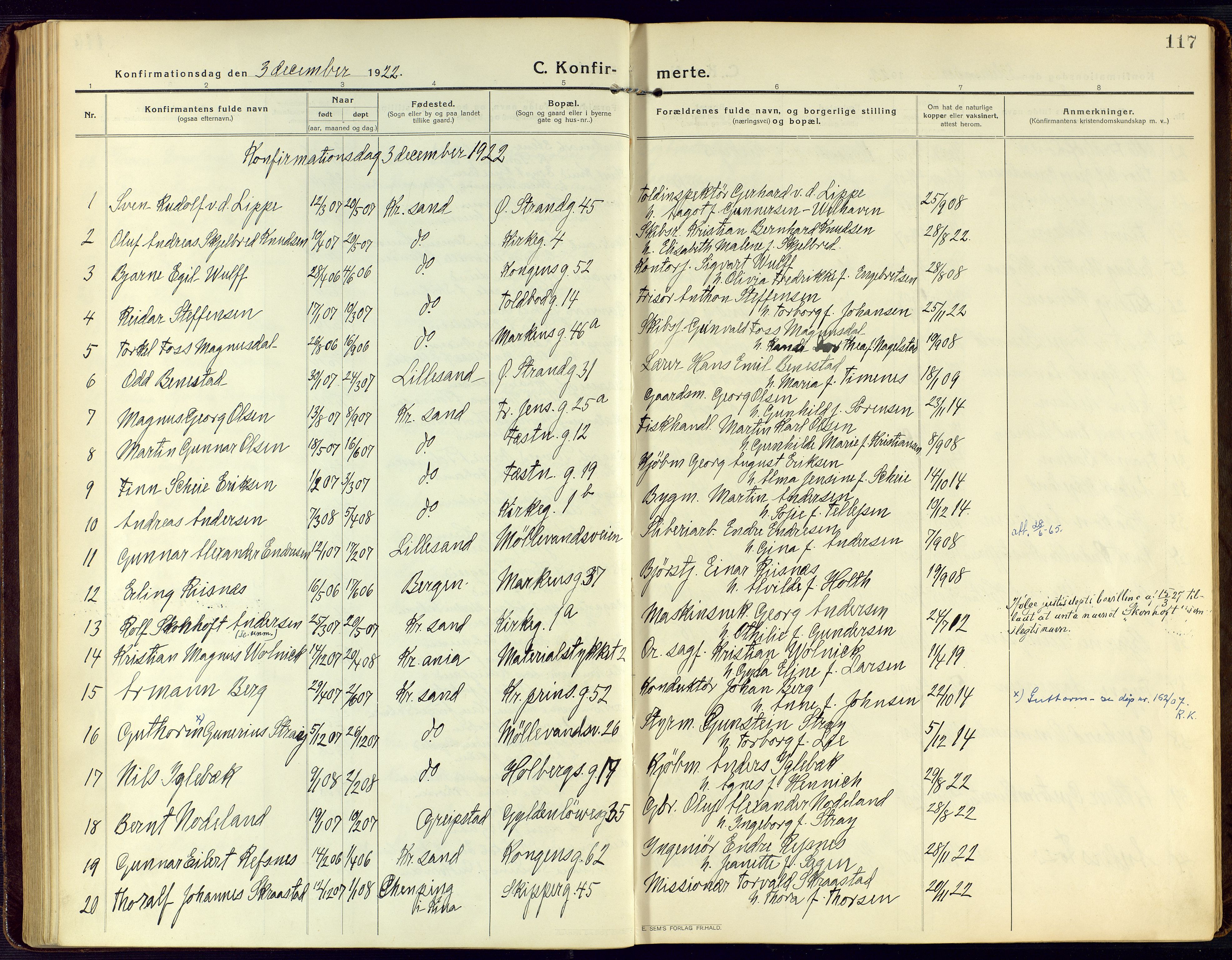 Kristiansand domprosti, SAK/1112-0006/F/Fa/L0026: Parish register (official) no. A 25, 1916-1928, p. 117