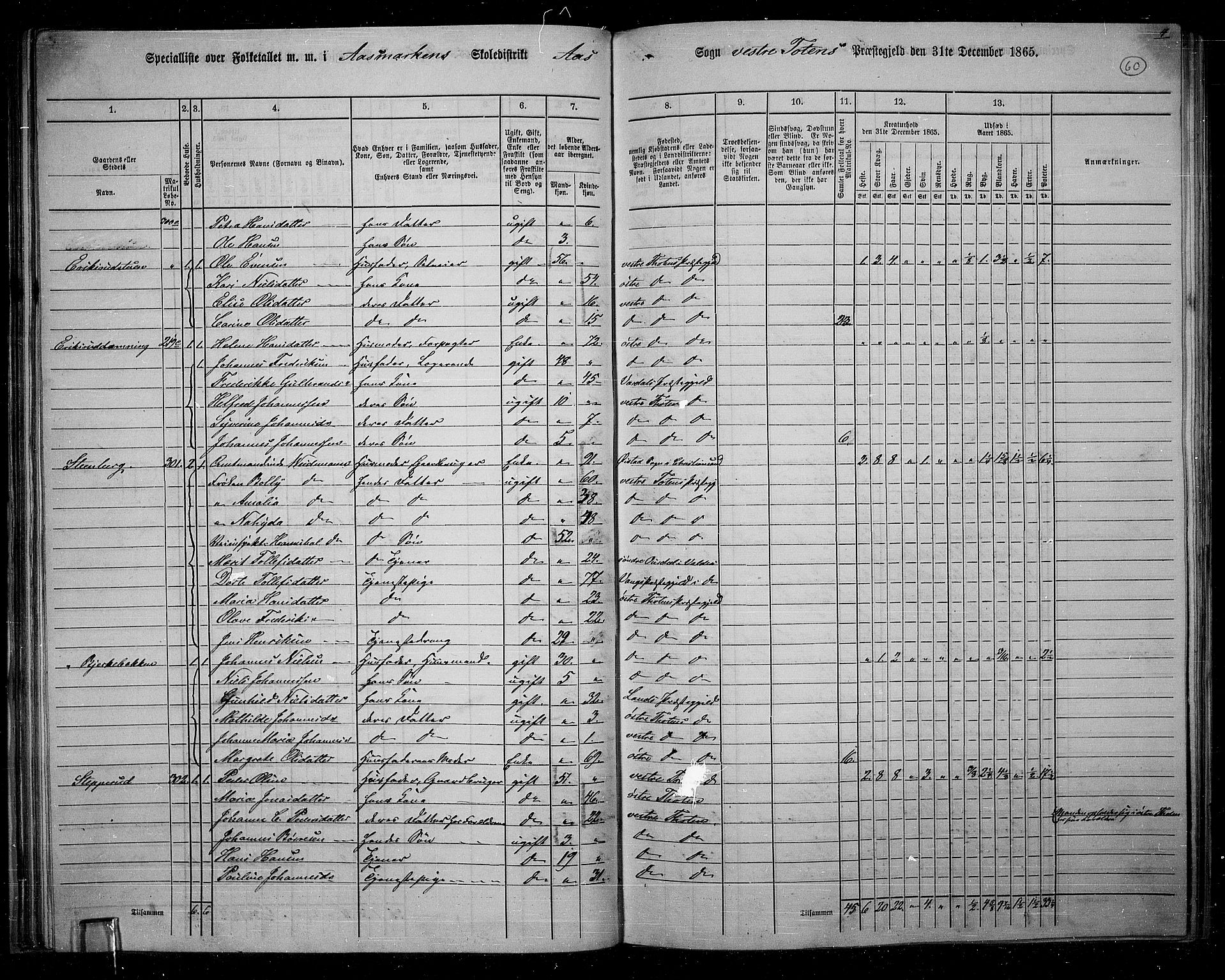 RA, 1865 census for Vestre Toten, 1865, p. 56