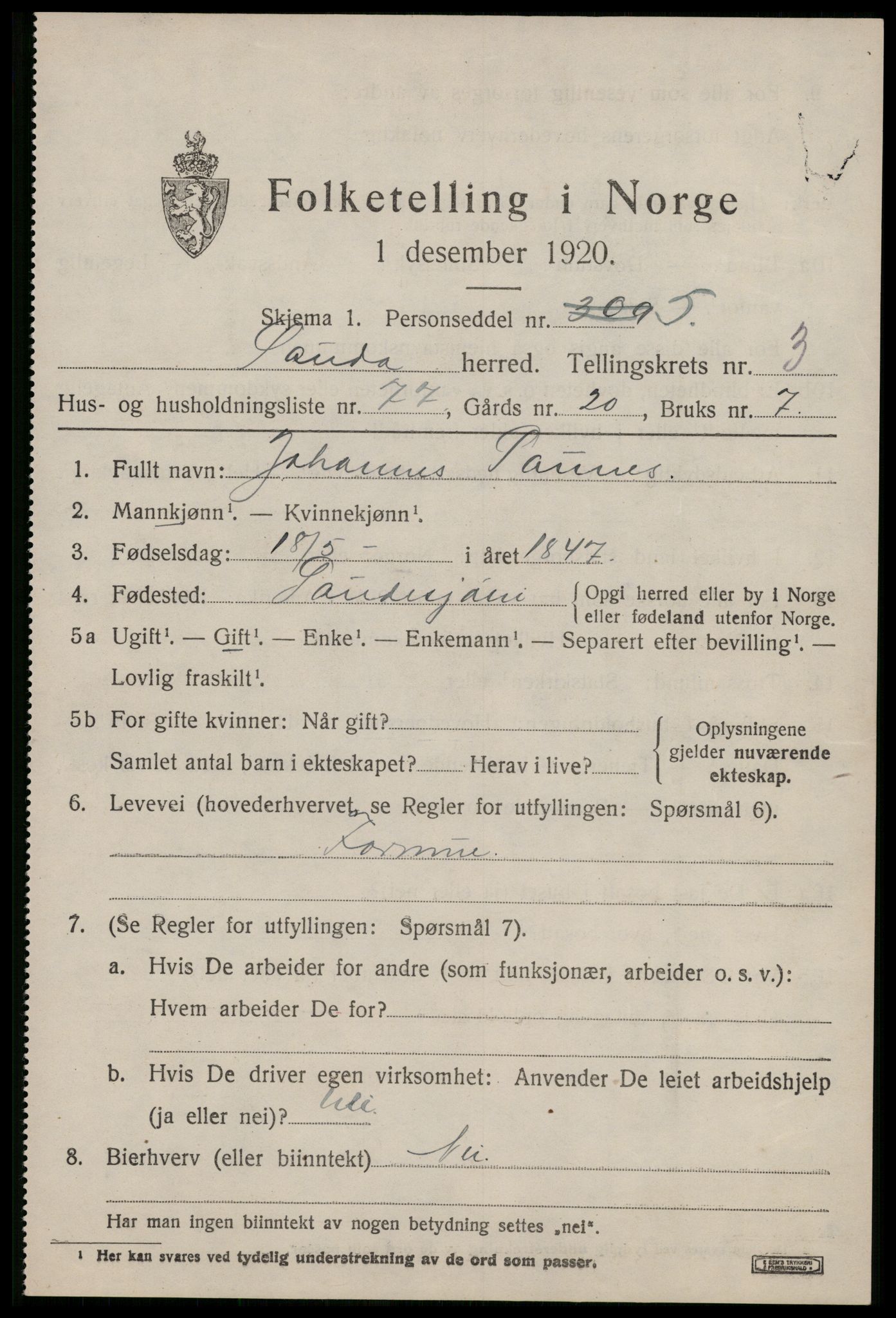 SAST, 1920 census for Sauda, 1920, p. 1716