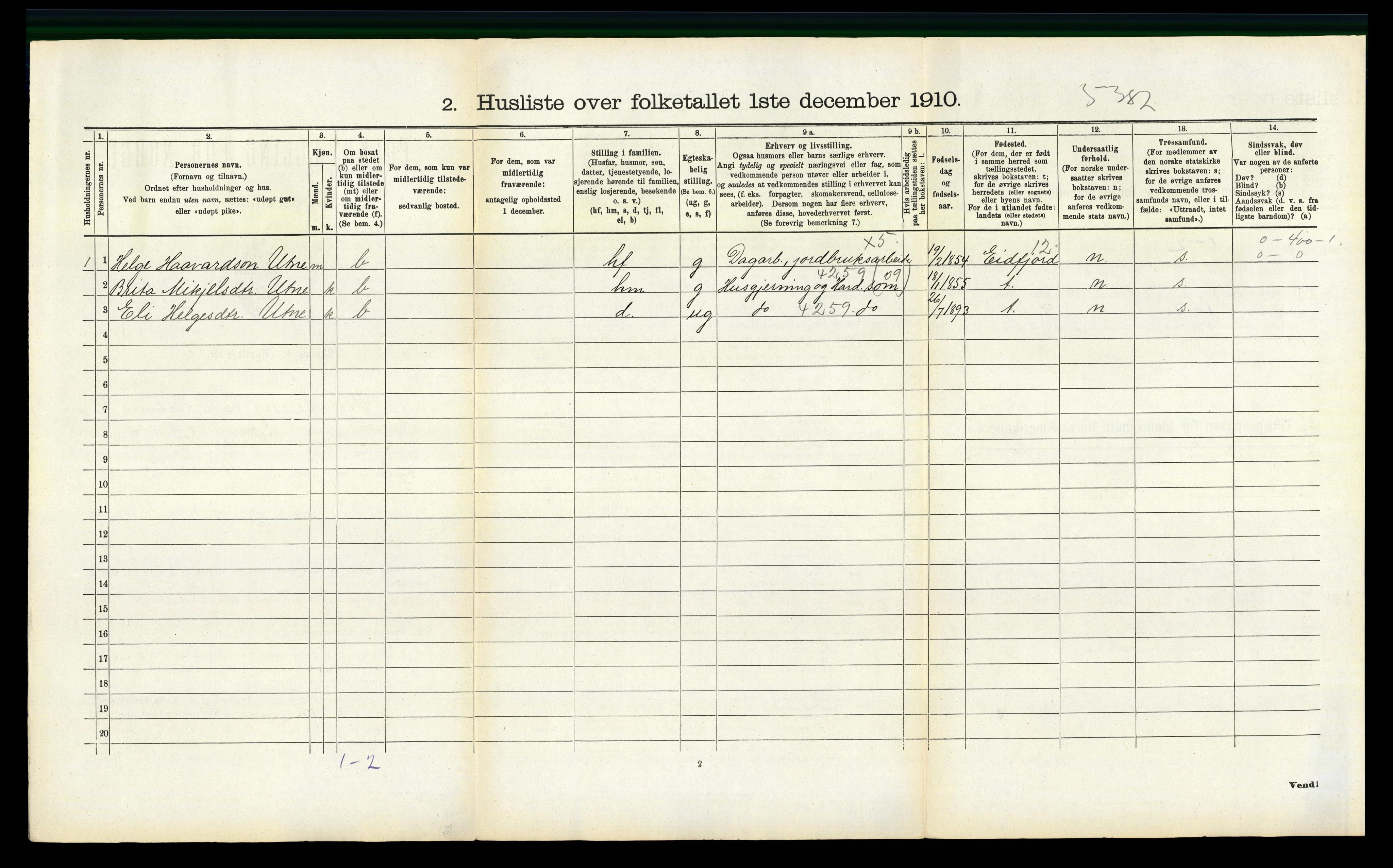 RA, 1910 census for Ullensvang, 1910, p. 1398