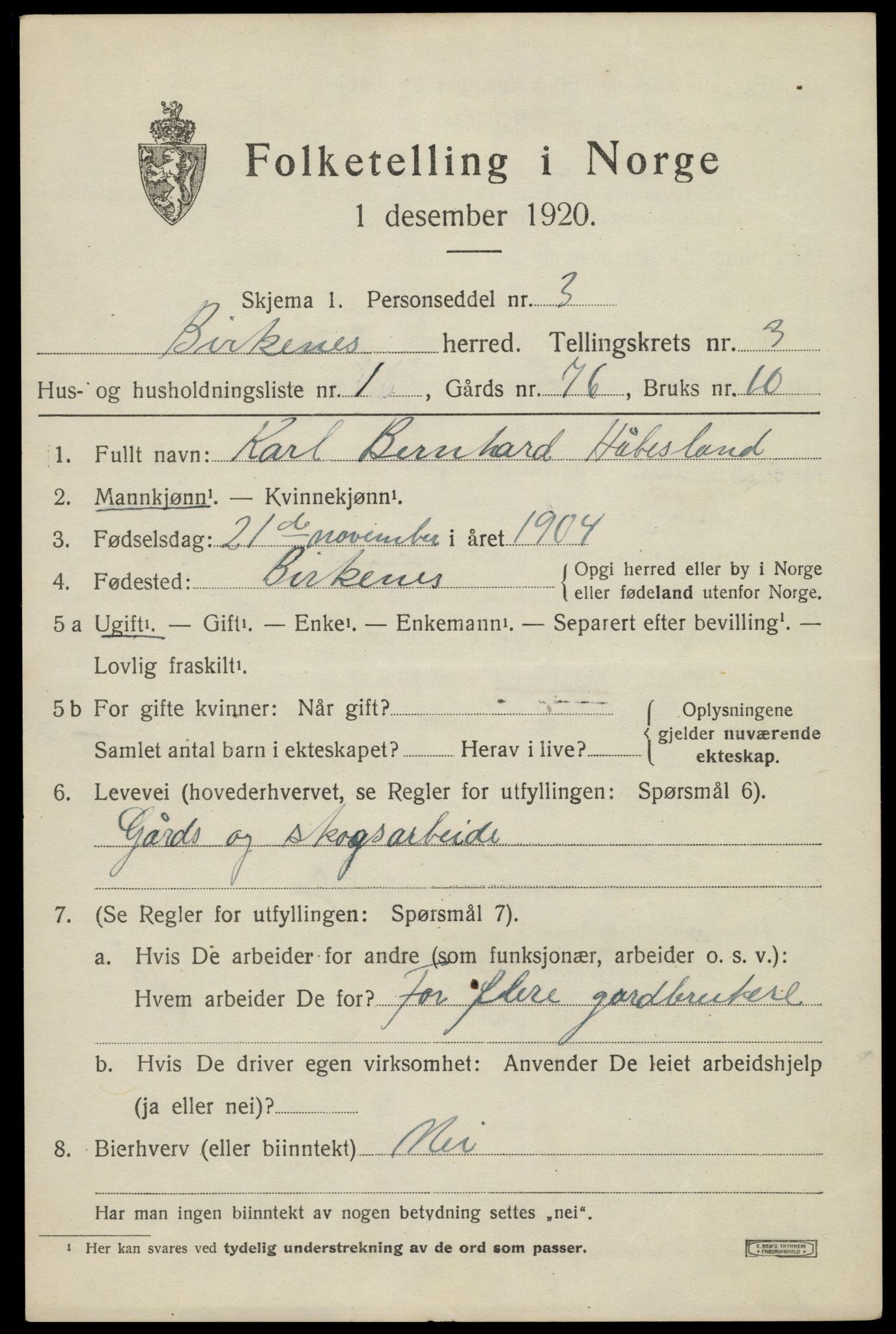 SAK, 1920 census for Birkenes, 1920, p. 1425