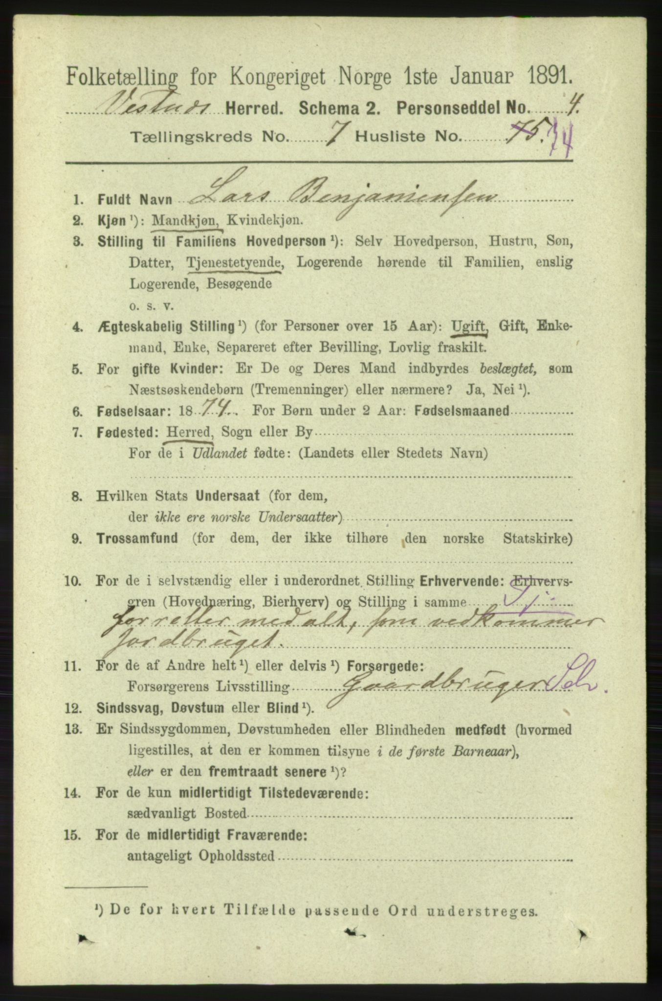 RA, 1891 census for 1535 Vestnes, 1891, p. 3116