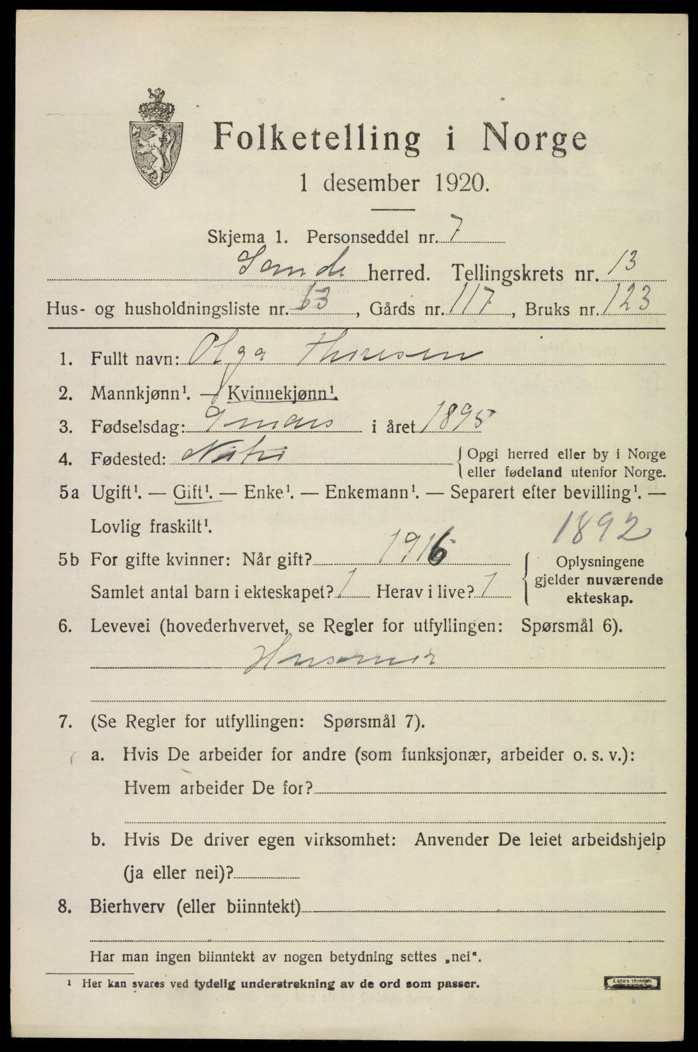 SAKO, 1920 census for Sandeherred, 1920, p. 20170