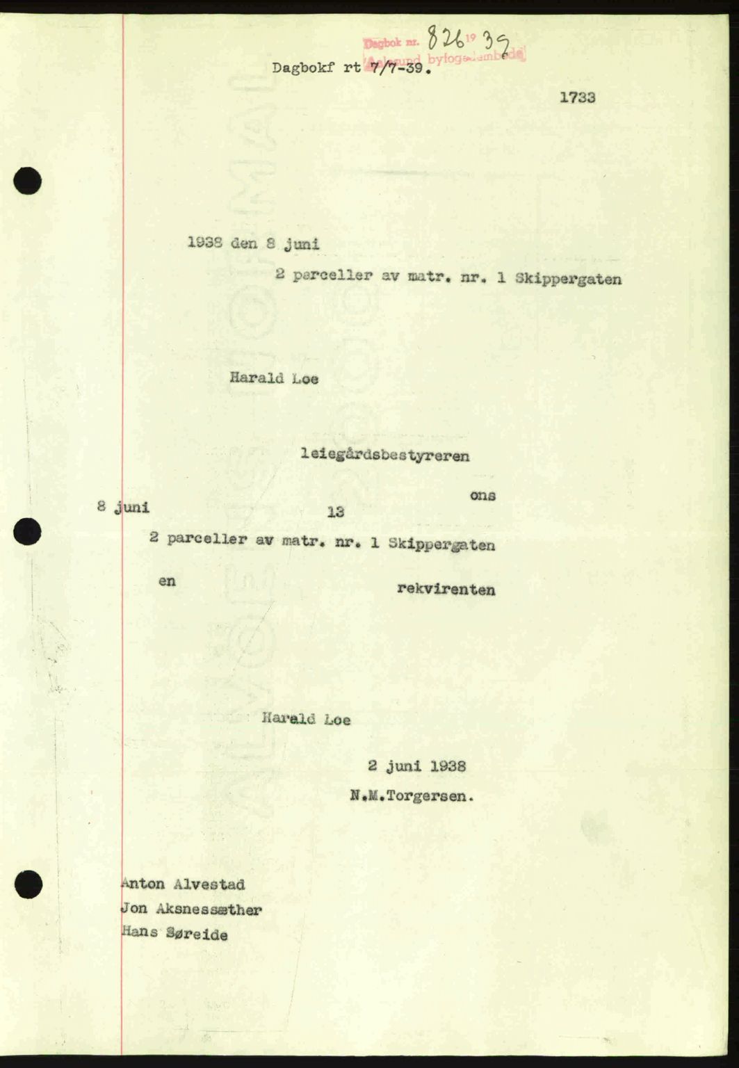 Ålesund byfogd, AV/SAT-A-4384: Mortgage book no. 34 II, 1938-1940, Diary no: : 826/1939