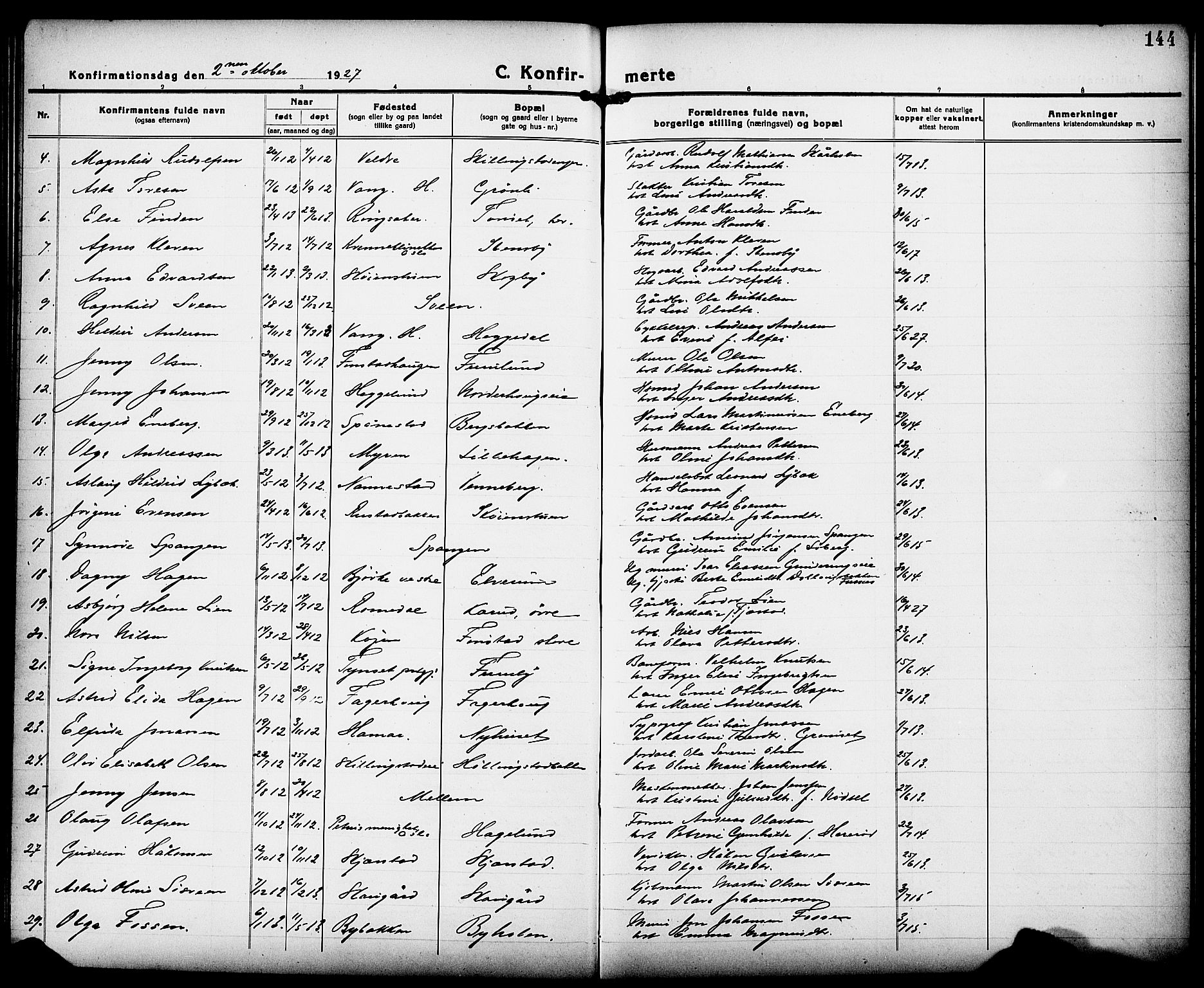 Løten prestekontor, AV/SAH-PREST-022/L/La/L0008: Parish register (copy) no. 8, 1920-1929, p. 144