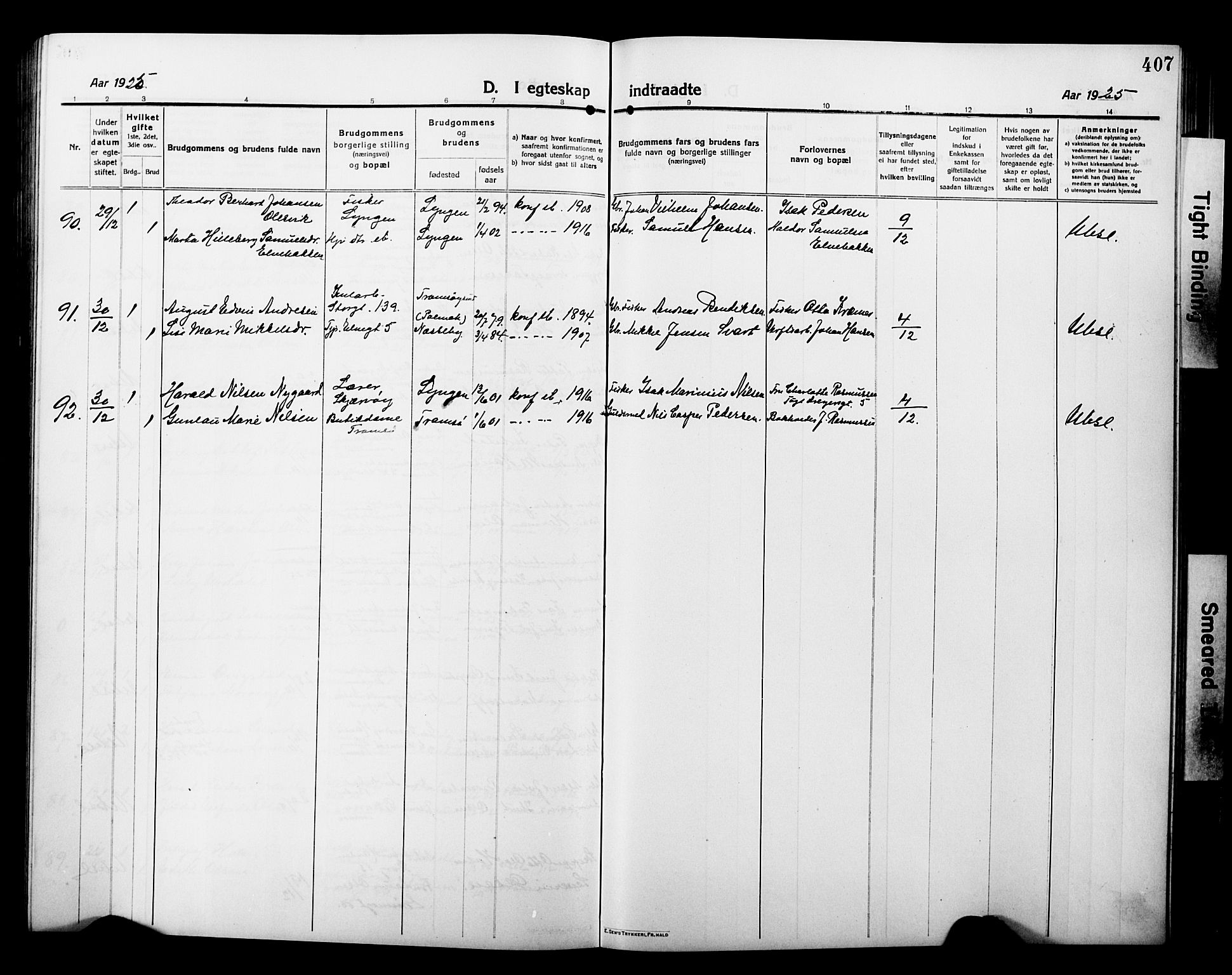 Tromsø sokneprestkontor/stiftsprosti/domprosti, SATØ/S-1343/G/Gb/L0009klokker: Parish register (copy) no. 9, 1915-1925, p. 407