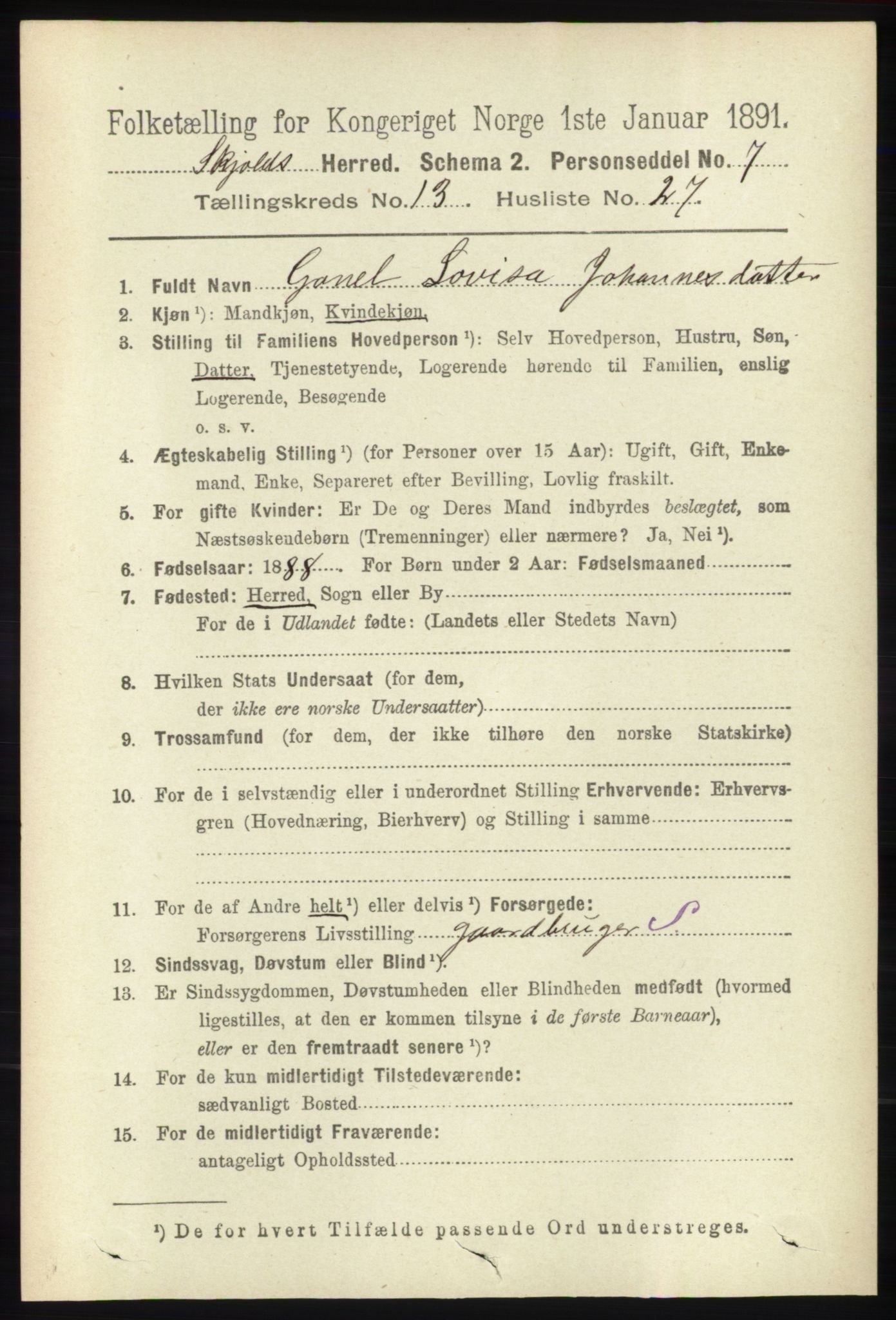 RA, 1891 census for 1154 Skjold, 1891, p. 2523