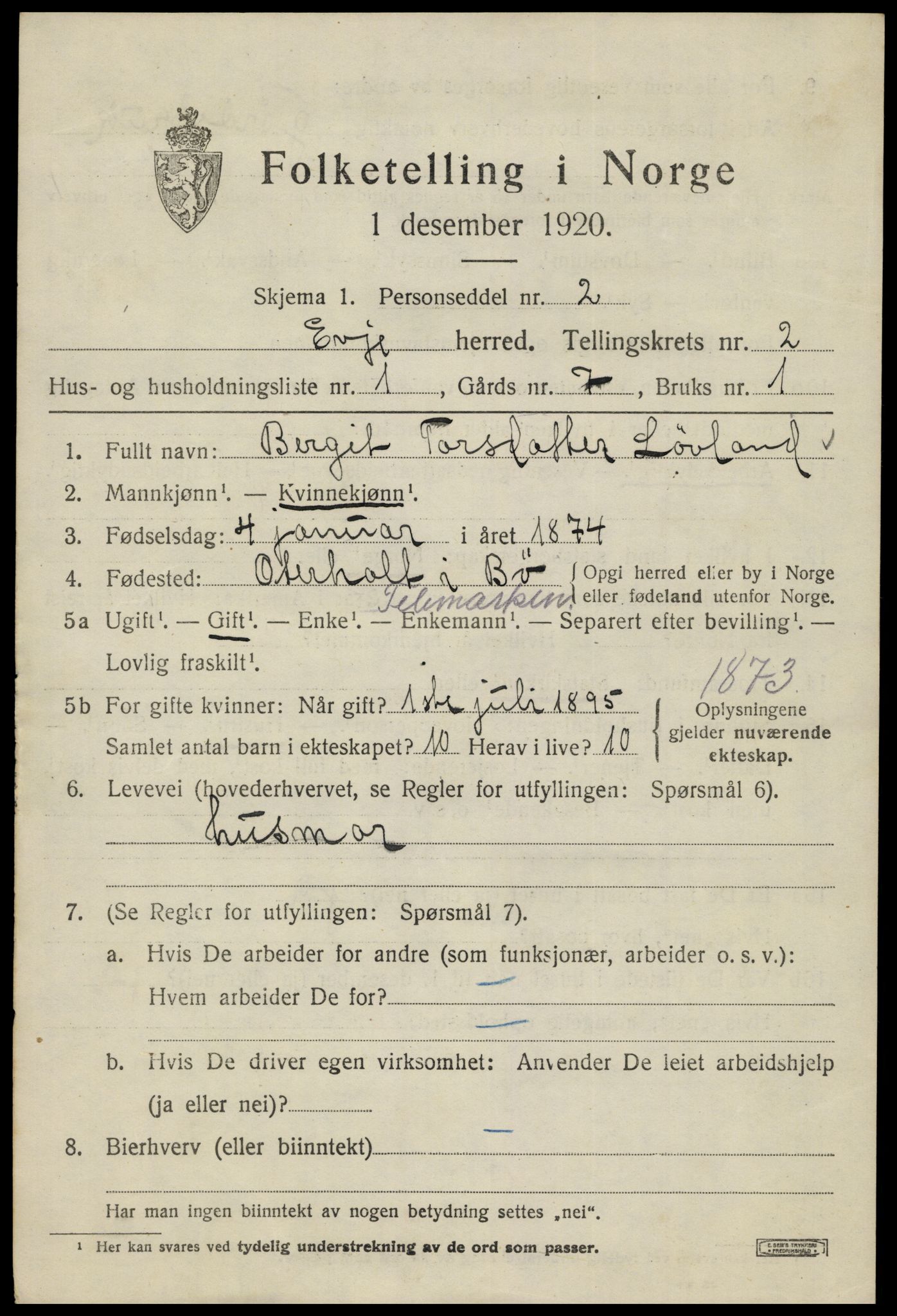 SAK, 1920 census for Evje, 1920, p. 640