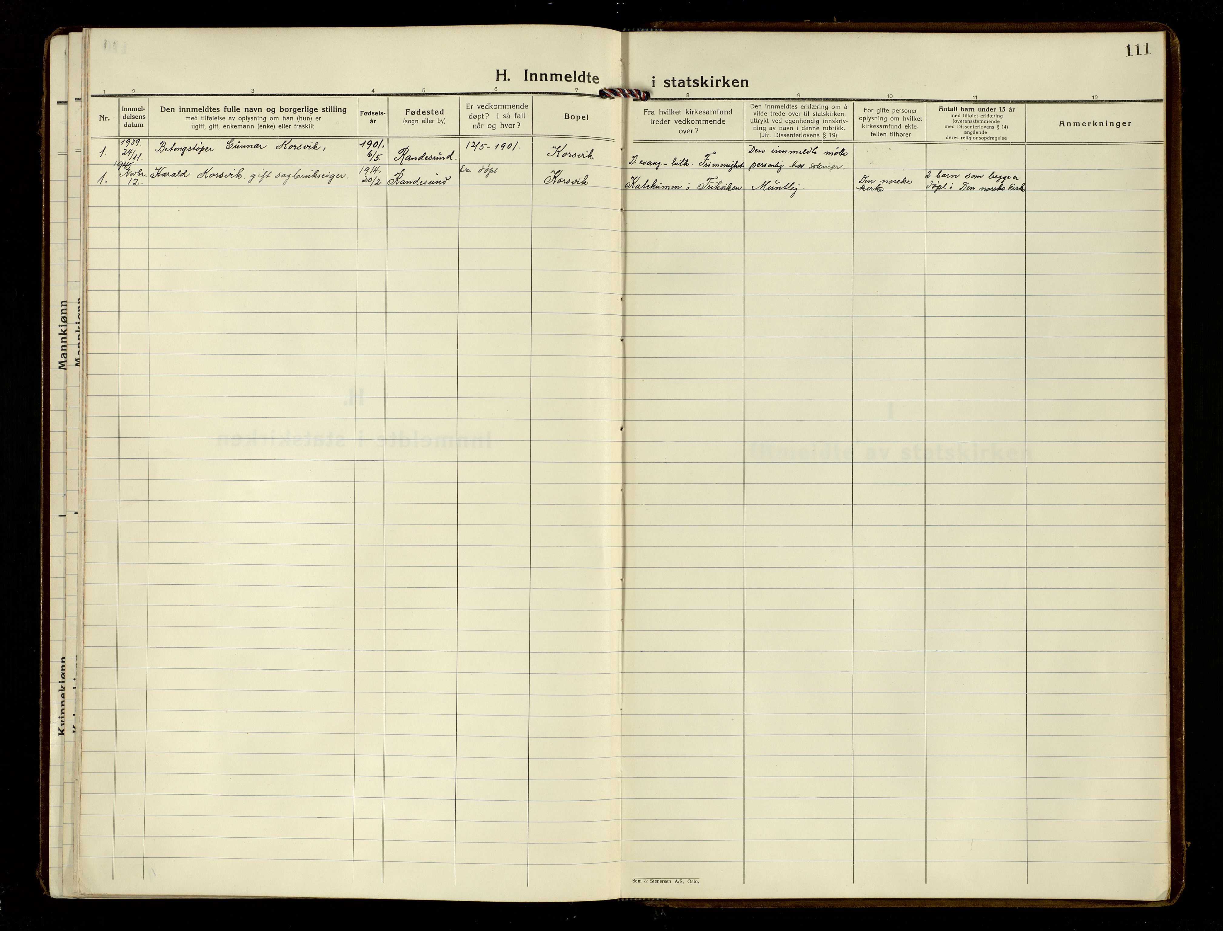 Oddernes sokneprestkontor, SAK/1111-0033/F/Fa/Fab/L0005: Parish register (official) no. A 5, 1935-1954, p. 111