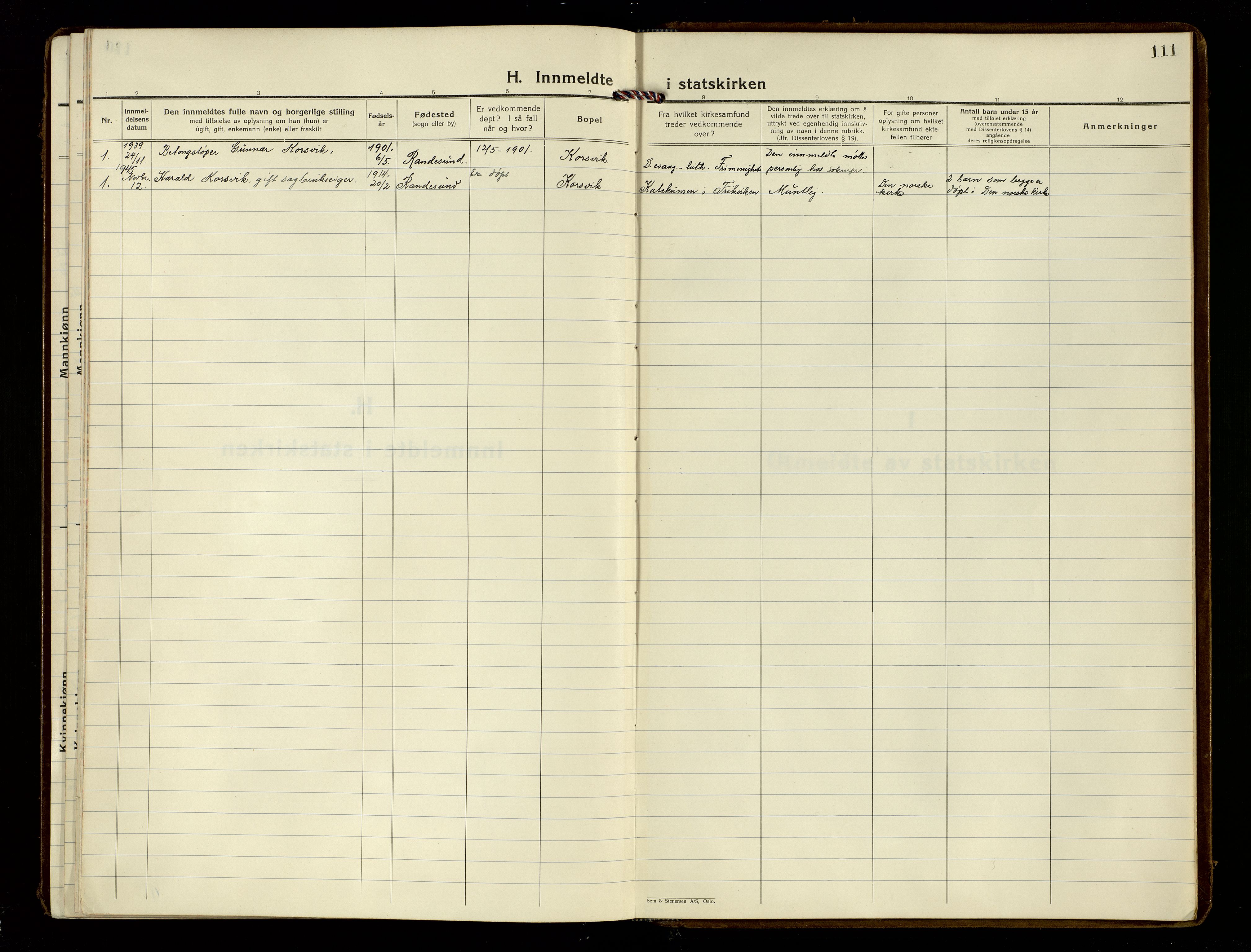 Oddernes sokneprestkontor, AV/SAK-1111-0033/F/Fa/Fab/L0005: Parish register (official) no. A 5, 1935-1954, p. 111