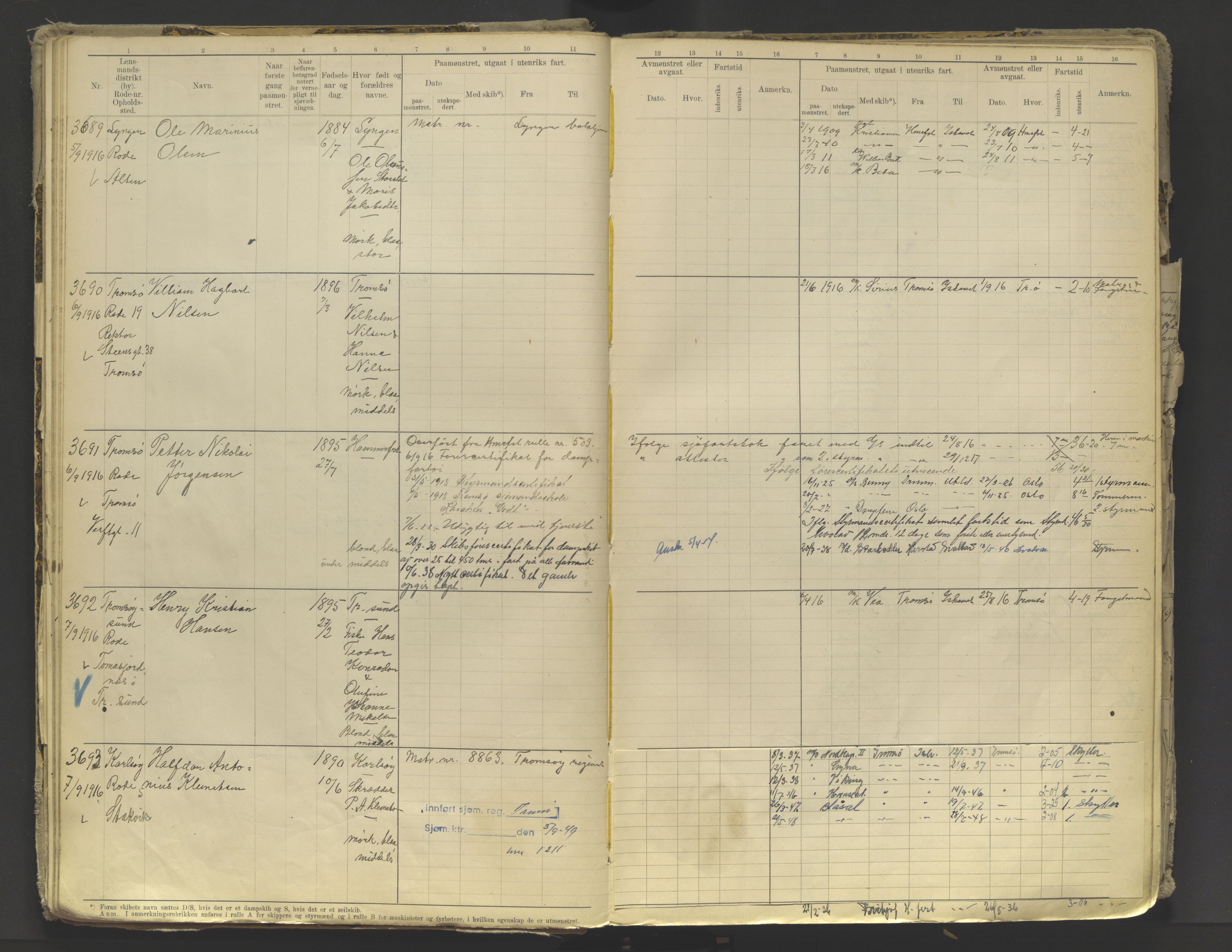 Tromsø sjømannskontor/innrullerings-/mønstringsdistrikt, AV/SATØ-S-0243/F/Fb/L0010: Annotasjonsrulle. Defekt: løs innbinding. Nr. 3519-4972, 1916-1920