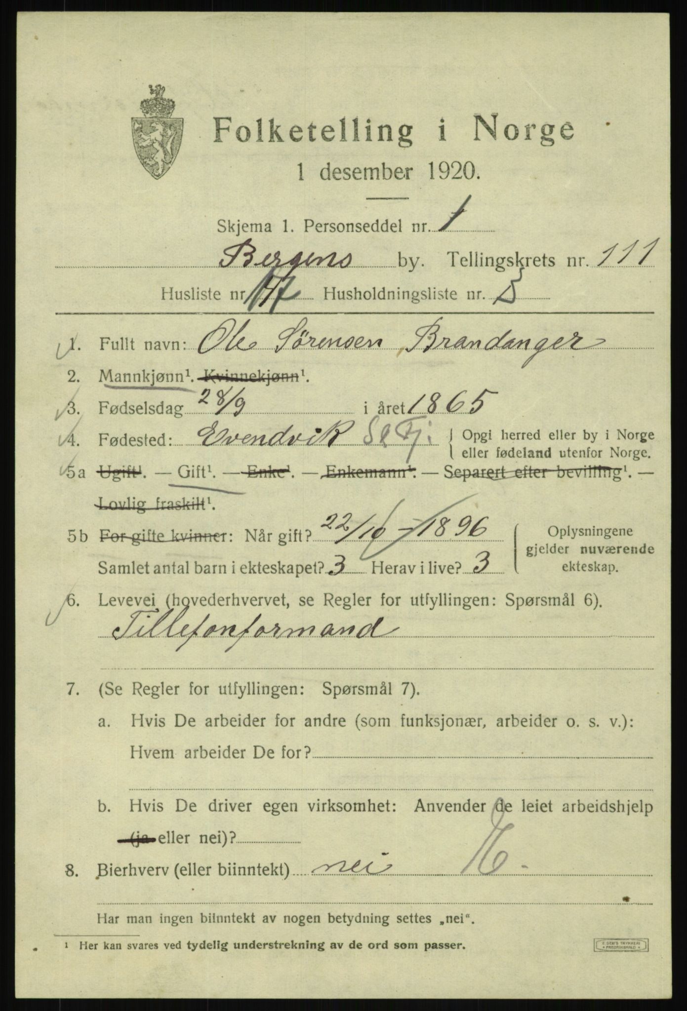 SAB, 1920 census for Bergen, 1920, p. 191501