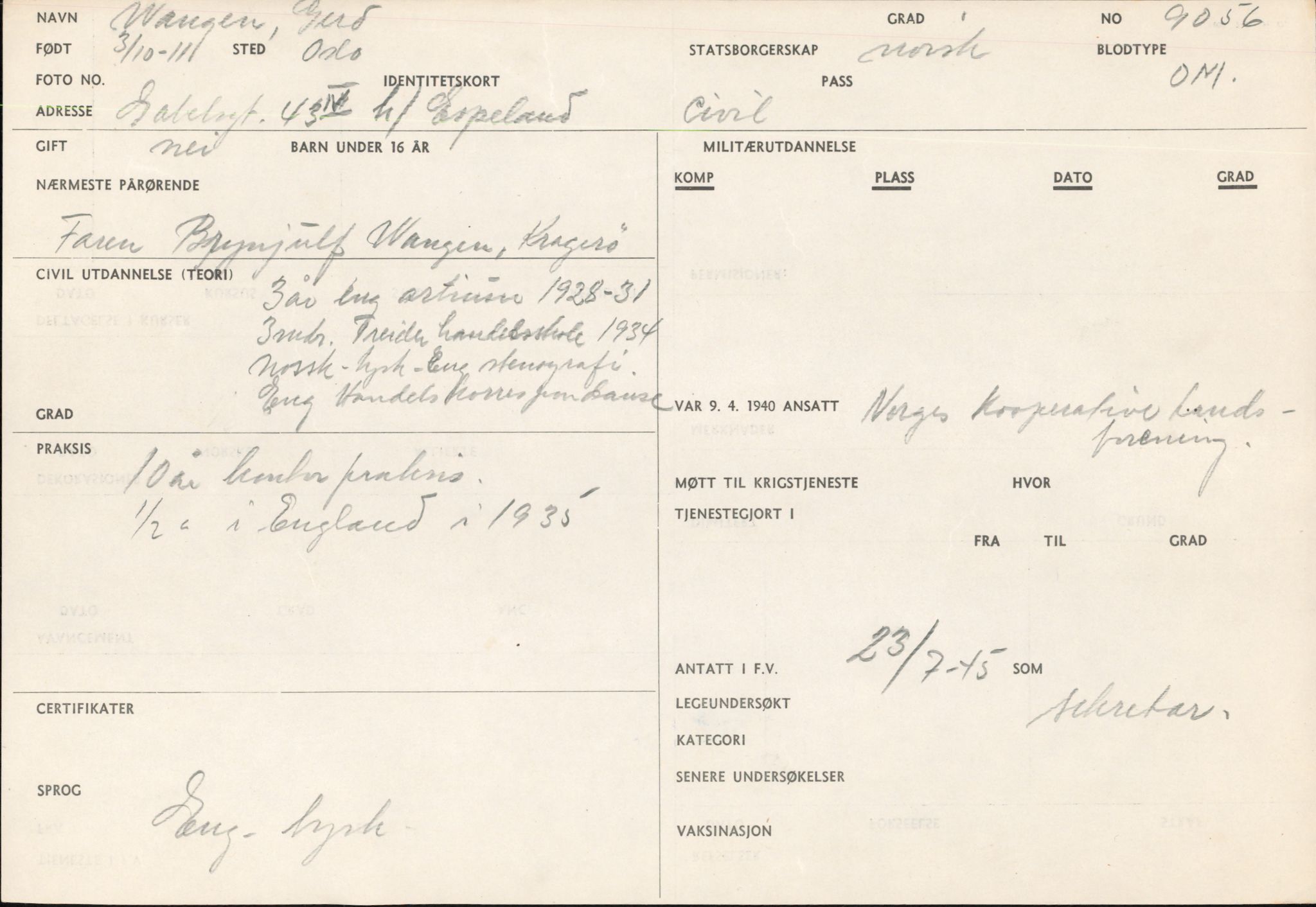 Forsvaret, Forsvarets overkommando/Luftforsvarsstaben, RA/RAFA-4079/P/Pa/L0028: Personellpapirer, 1911, p. 319