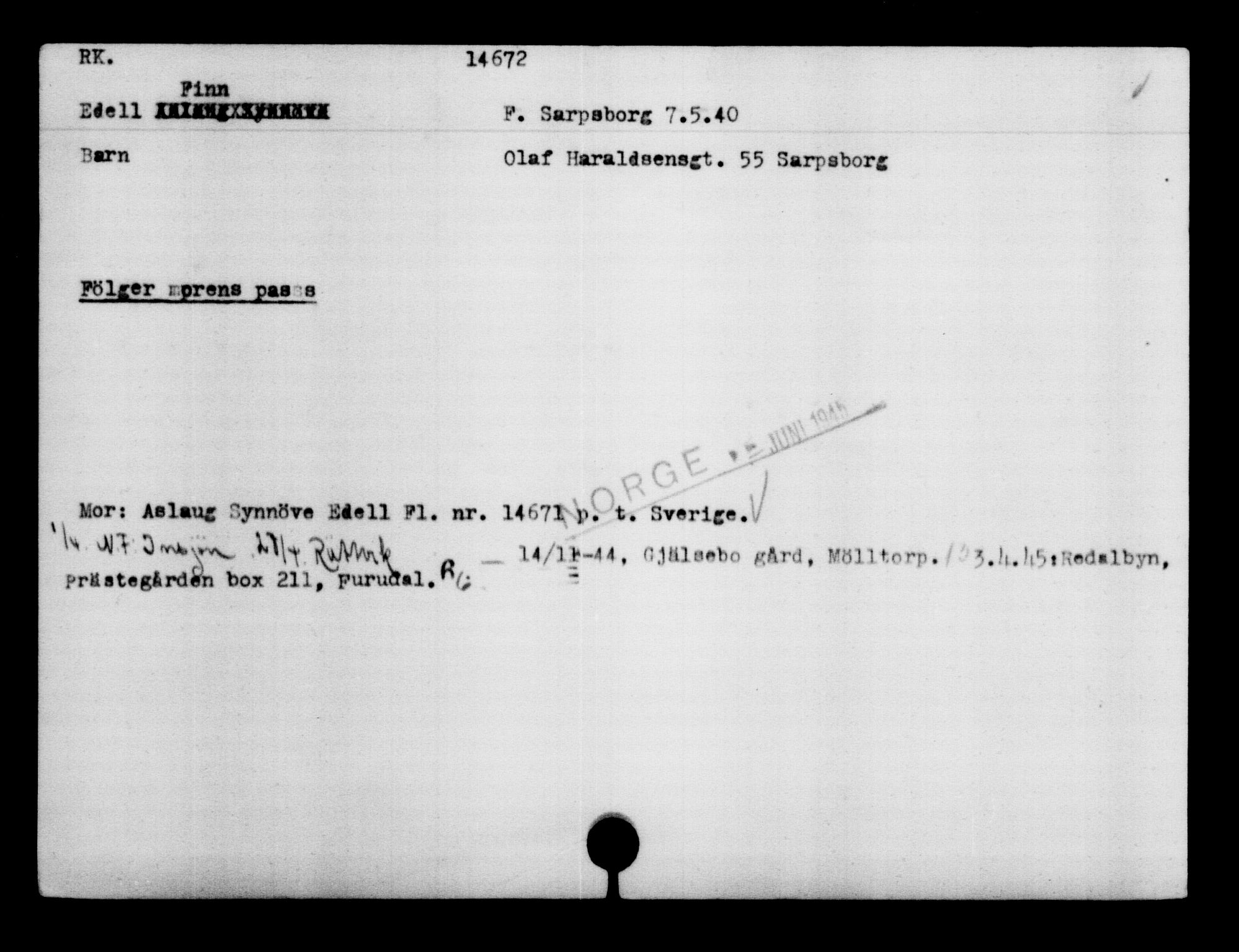 Utenriksstasjonene, Legasjonen i Stockholm, Flyktningkontoret, AV/RA-S-6753/V/Va/L0007: Kjesäterkartoteket, flyktninger med registreringsnr. 12700-15723, 1940-1945, p. 2276