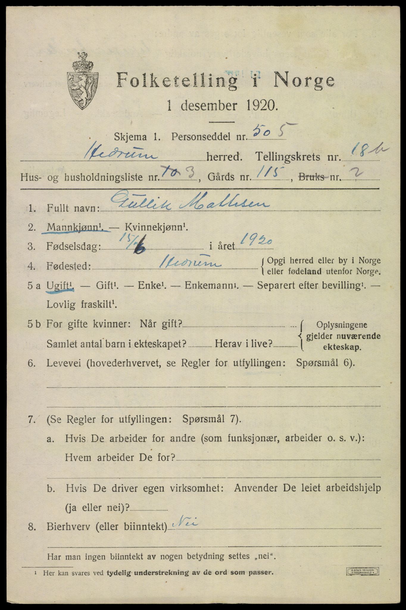 SAKO, 1920 census for Hedrum, 1920, p. 11037