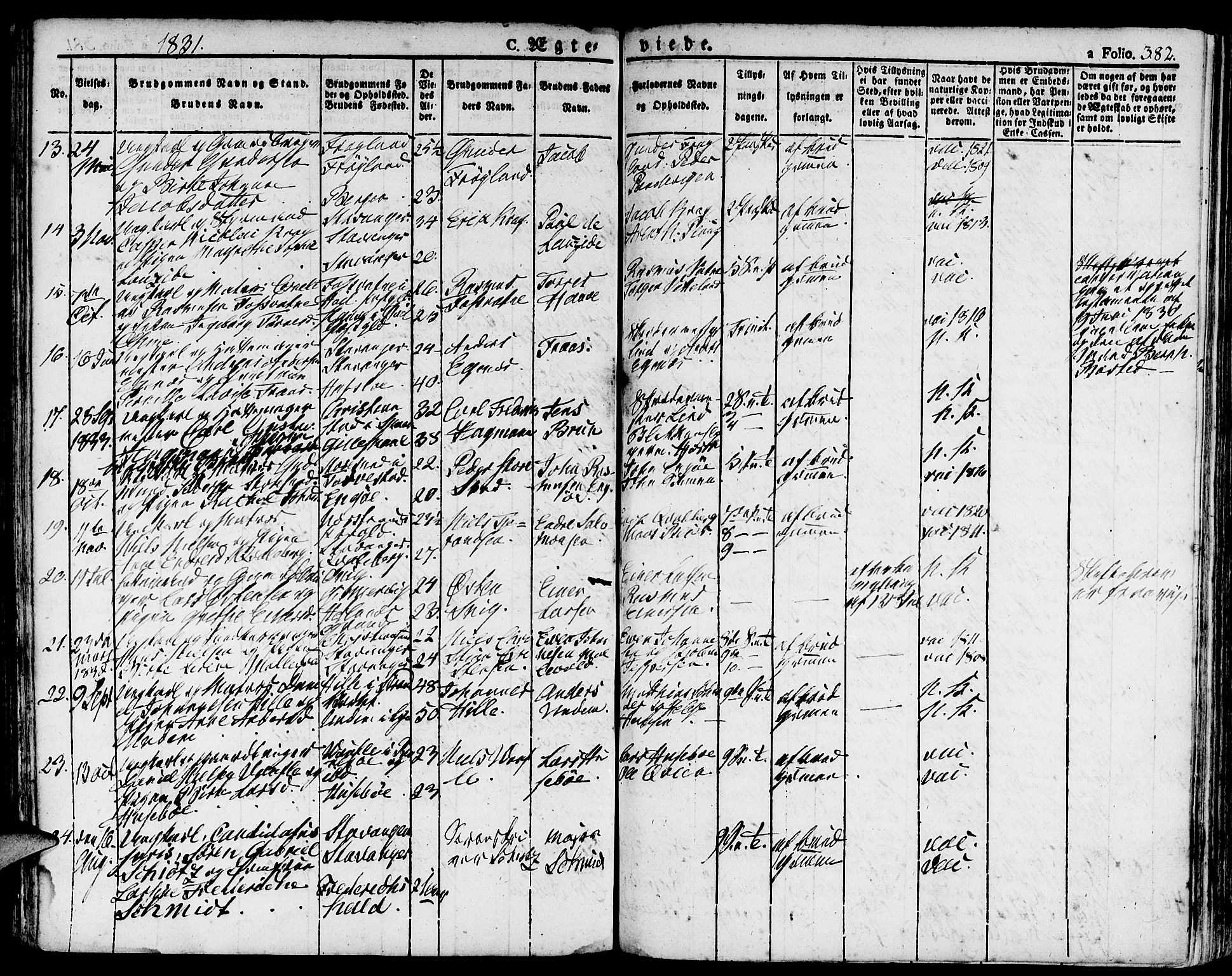 Domkirken sokneprestkontor, SAST/A-101812/001/30/30BA/L0009: Parish register (official) no. A 9, 1821-1832, p. 382