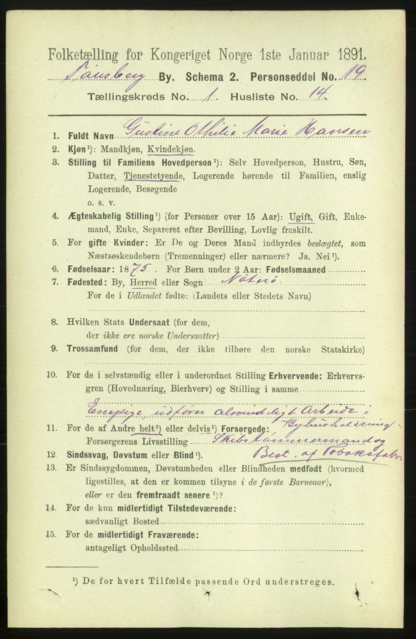 RA, 1891 census for 0705 Tønsberg, 1891, p. 1437