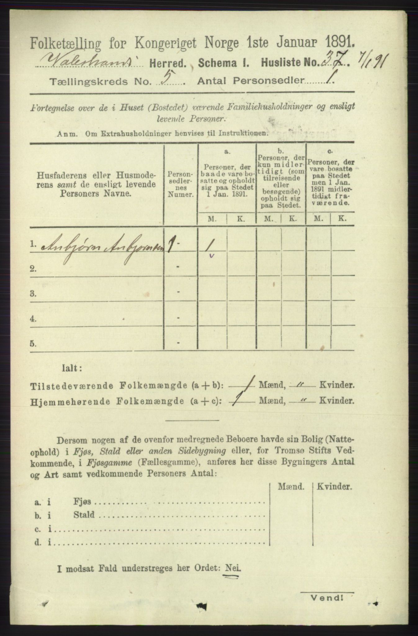 RA, 1891 census for 1217 Valestrand, 1891, p. 1125