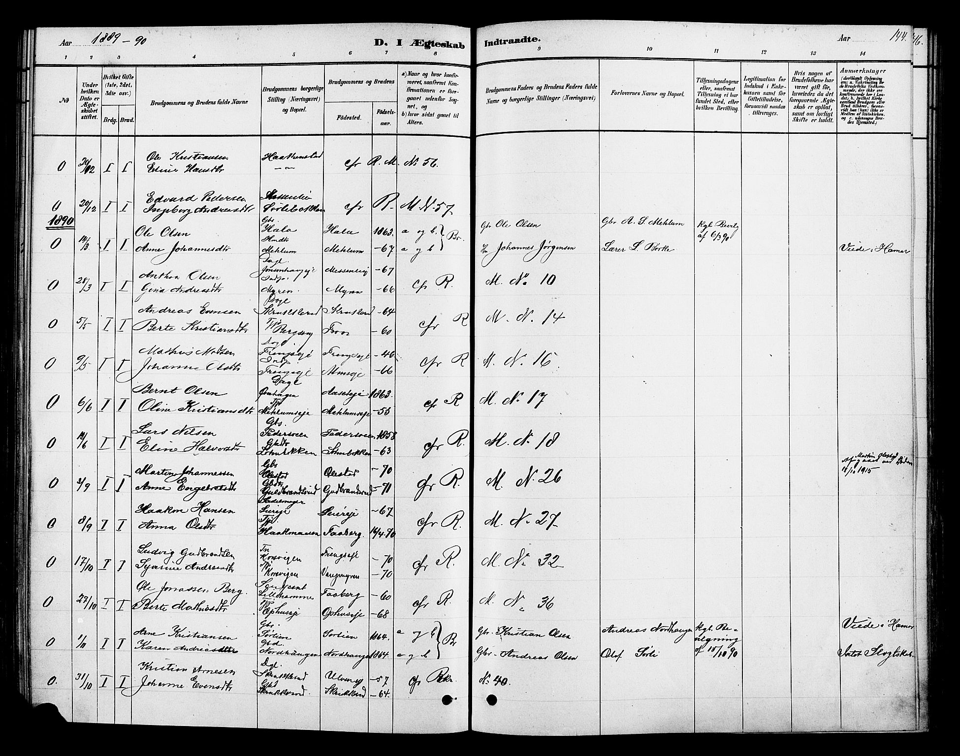 Ringsaker prestekontor, SAH/PREST-014/K/Ka/L0013: Parish register (official) no. 13, 1879-1890, p. 144