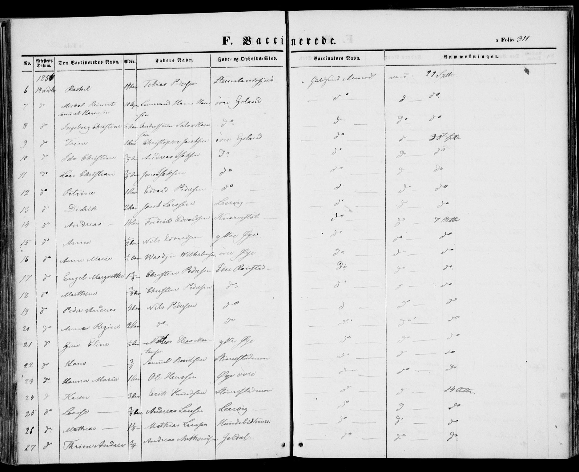 Kvinesdal sokneprestkontor, AV/SAK-1111-0026/F/Fa/Fab/L0005: Parish register (official) no. A 5, 1844-1857, p. 311