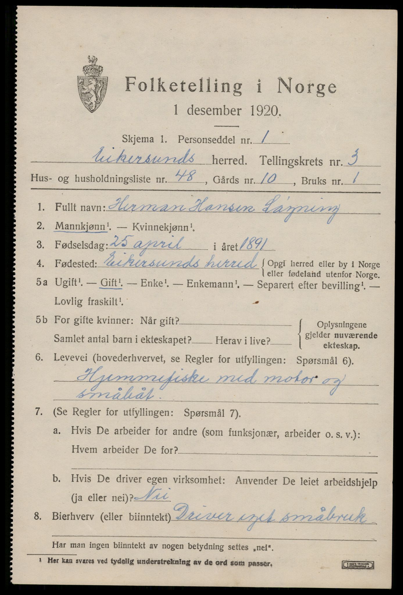 SAST, 1920 census for Eigersund, 1920, p. 2785