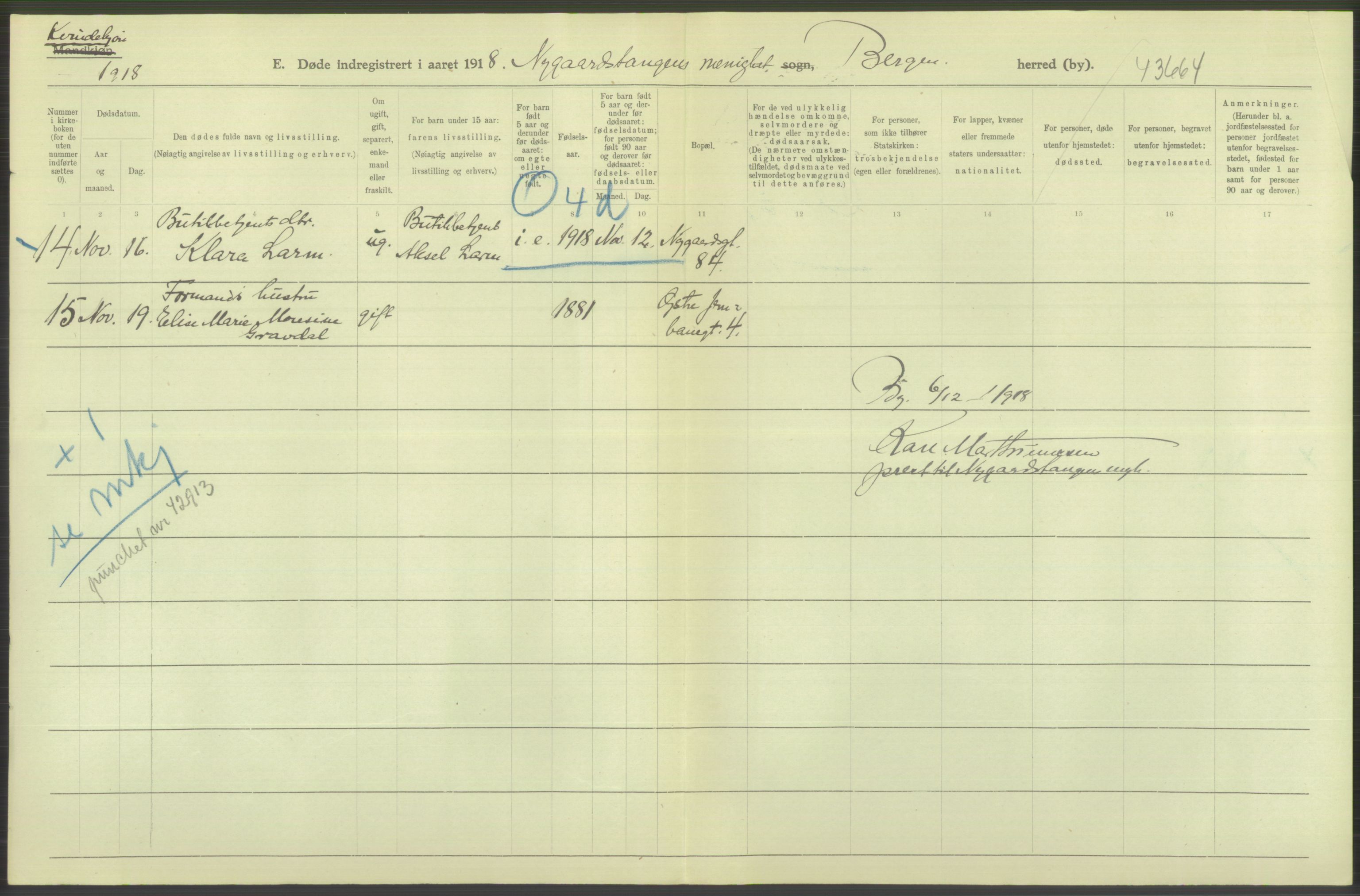 Statistisk sentralbyrå, Sosiodemografiske emner, Befolkning, AV/RA-S-2228/D/Df/Dfb/Dfbh/L0039: Bergen: Døde., 1918, p. 498