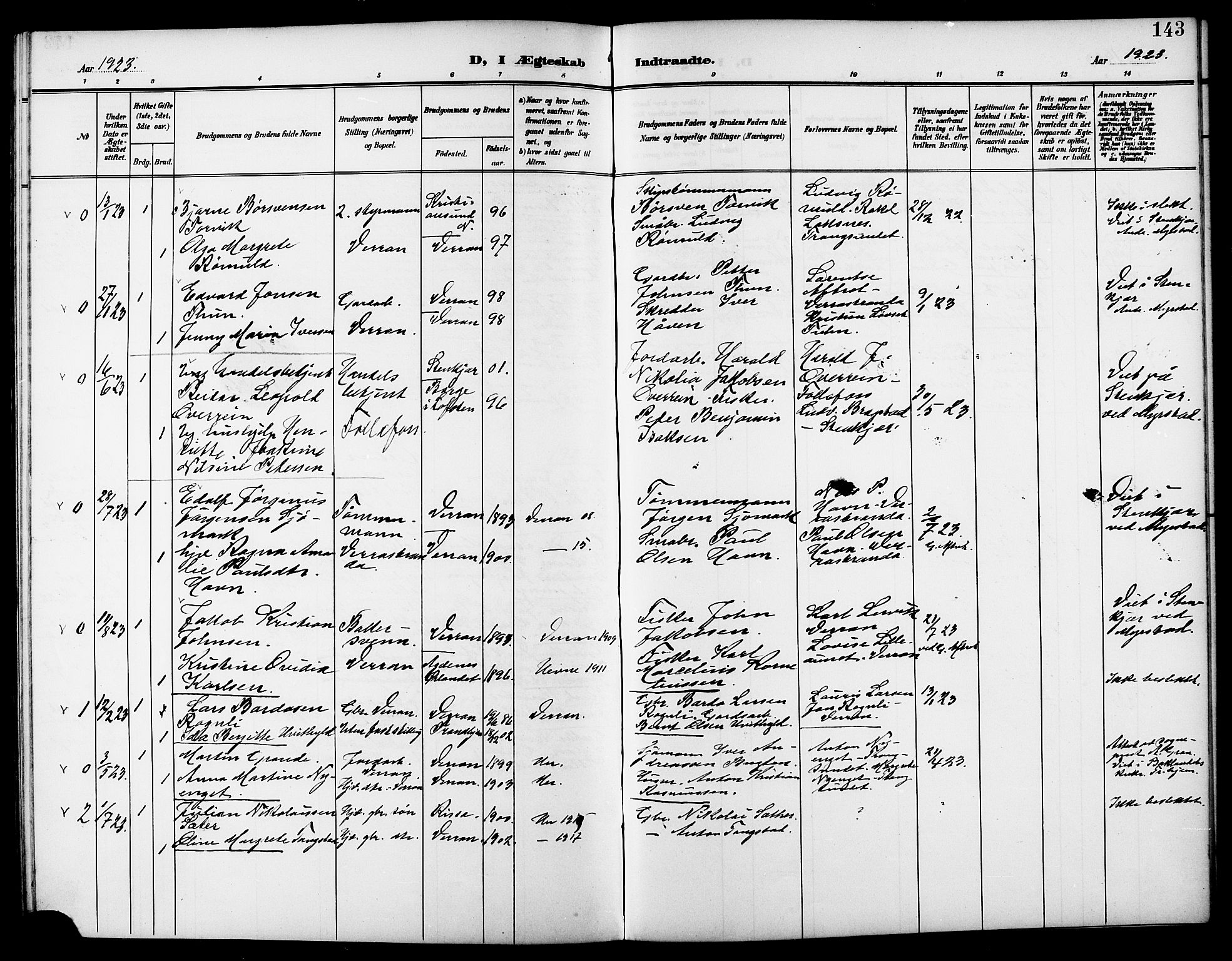 Ministerialprotokoller, klokkerbøker og fødselsregistre - Nord-Trøndelag, SAT/A-1458/744/L0424: Parish register (copy) no. 744C03, 1906-1923, p. 143
