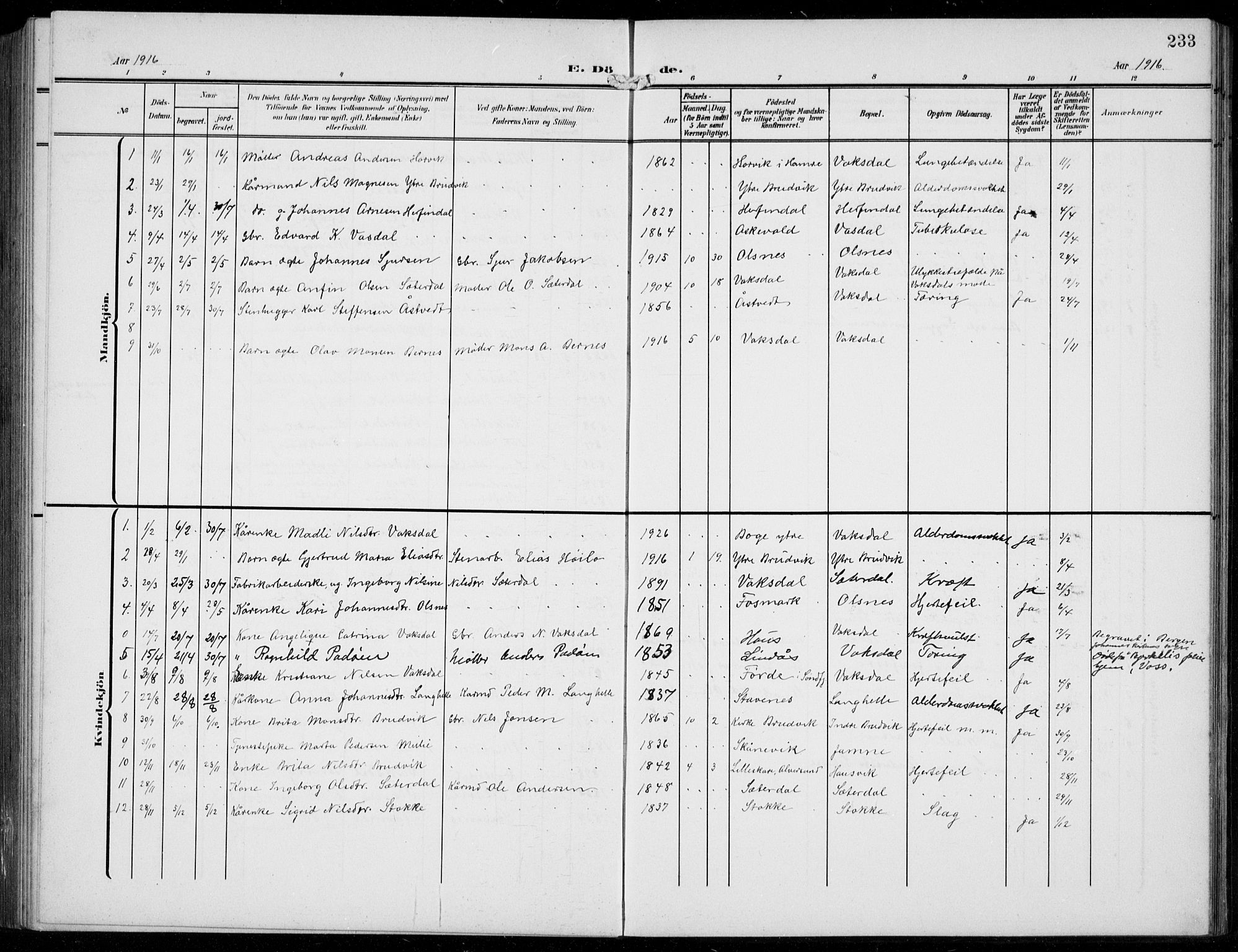 Bruvik Sokneprestembete, AV/SAB-A-74701/H/Hab: Parish register (copy) no. A  4, 1908-1937, p. 233