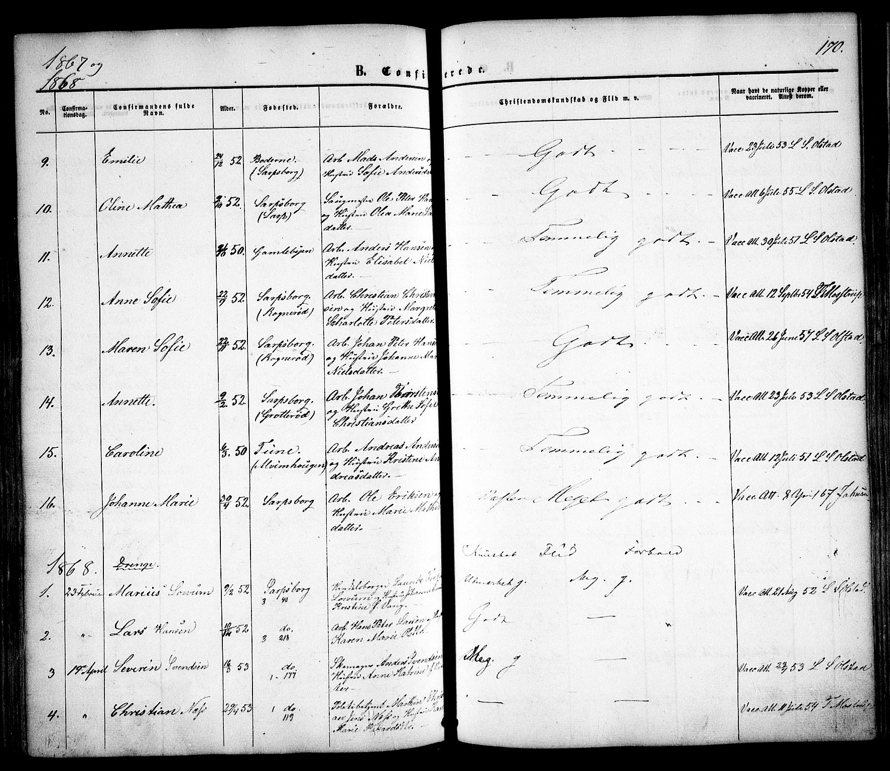 Sarpsborg prestekontor Kirkebøker, AV/SAO-A-2006/F/Fa/L0001: Parish register (official) no. 1, 1859-1868, p. 170