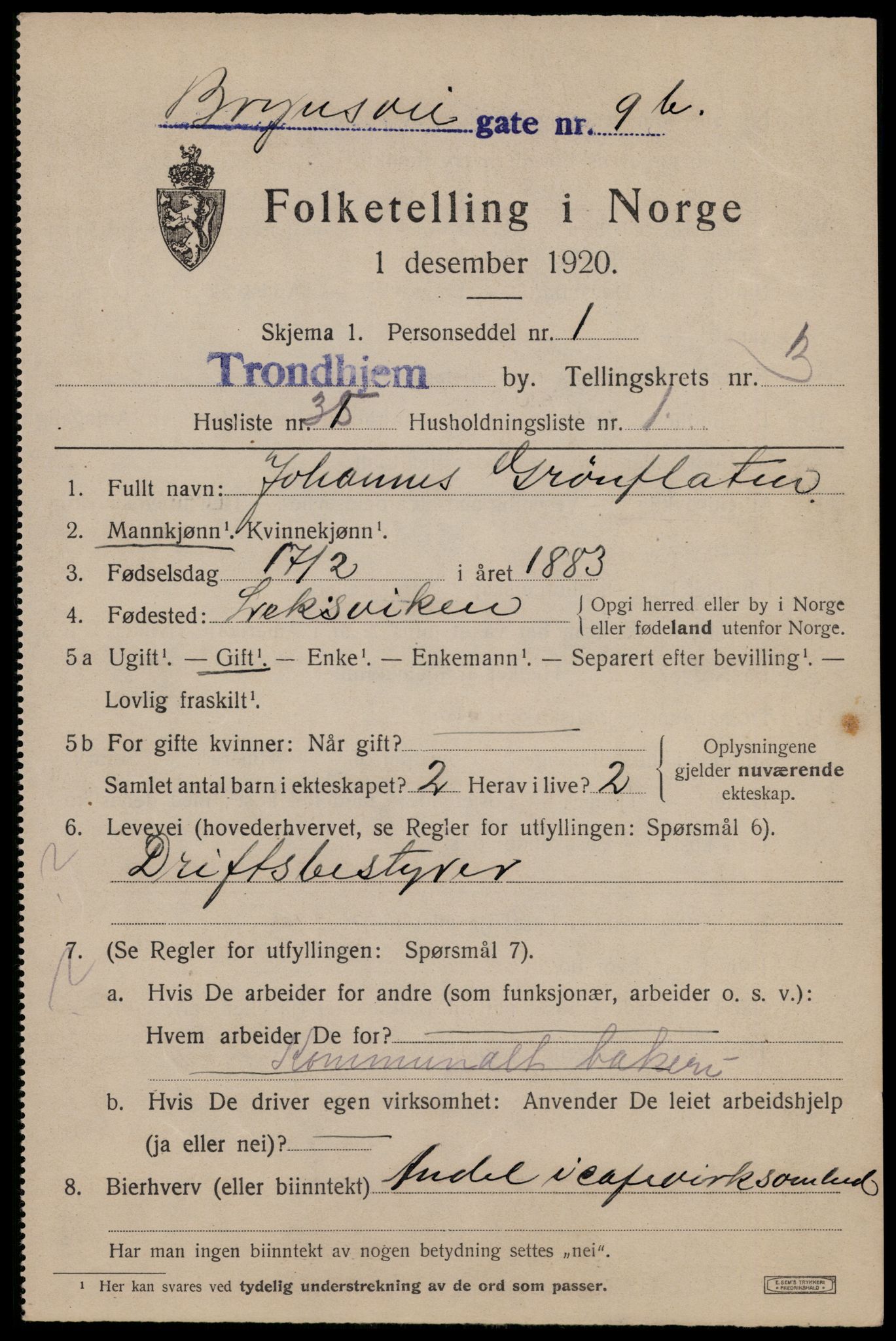 SAT, 1920 census for Trondheim, 1920, p. 36582