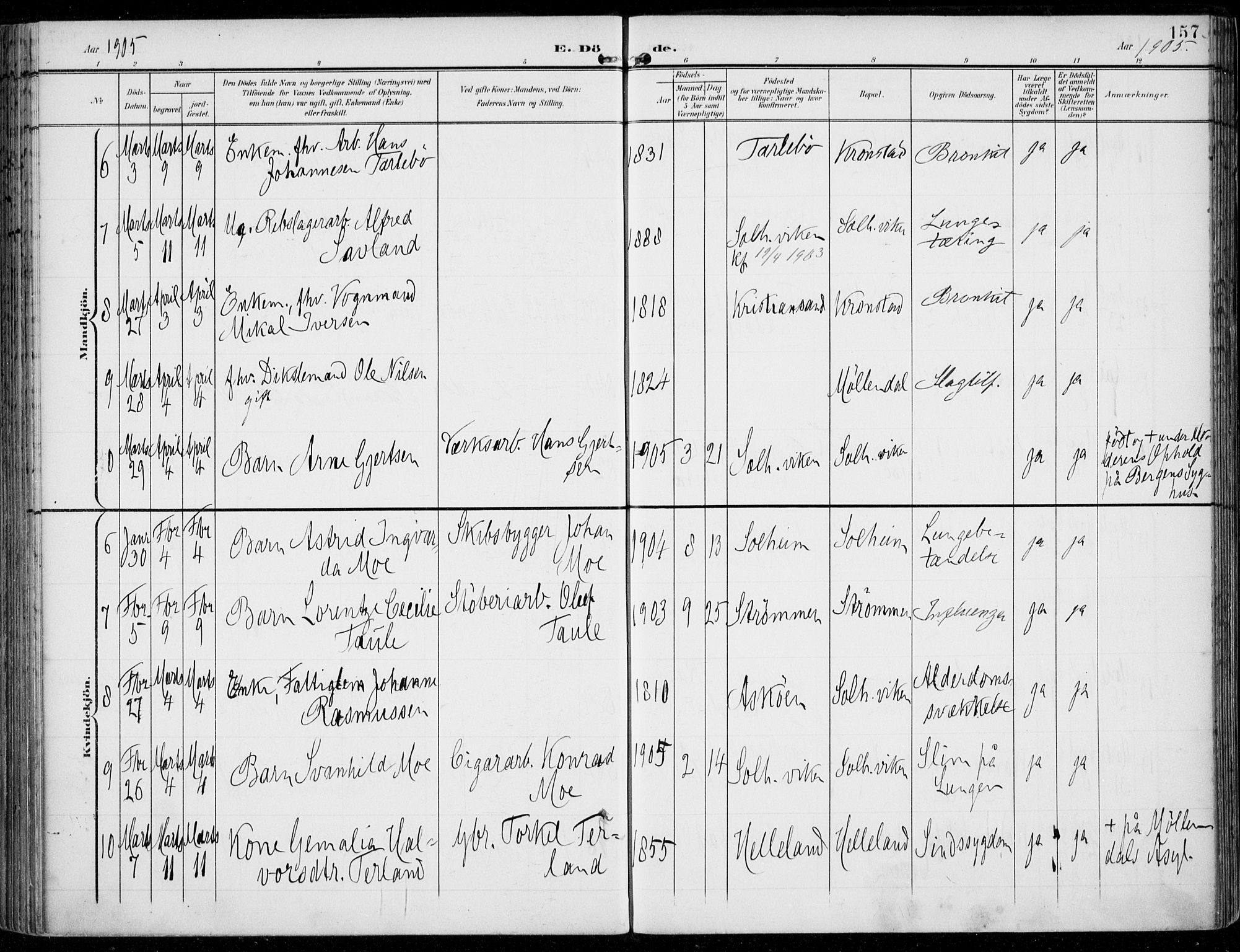 Årstad Sokneprestembete, AV/SAB-A-79301/H/Haa/L0009: Parish register (official) no. C 1, 1902-1918, p. 157