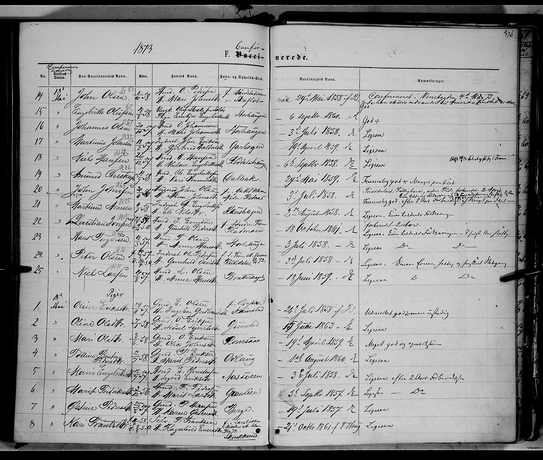 Ringebu prestekontor, AV/SAH-PREST-082/H/Ha/Haa/L0007: Parish register (official) no. 7, 1860-1877, p. 376