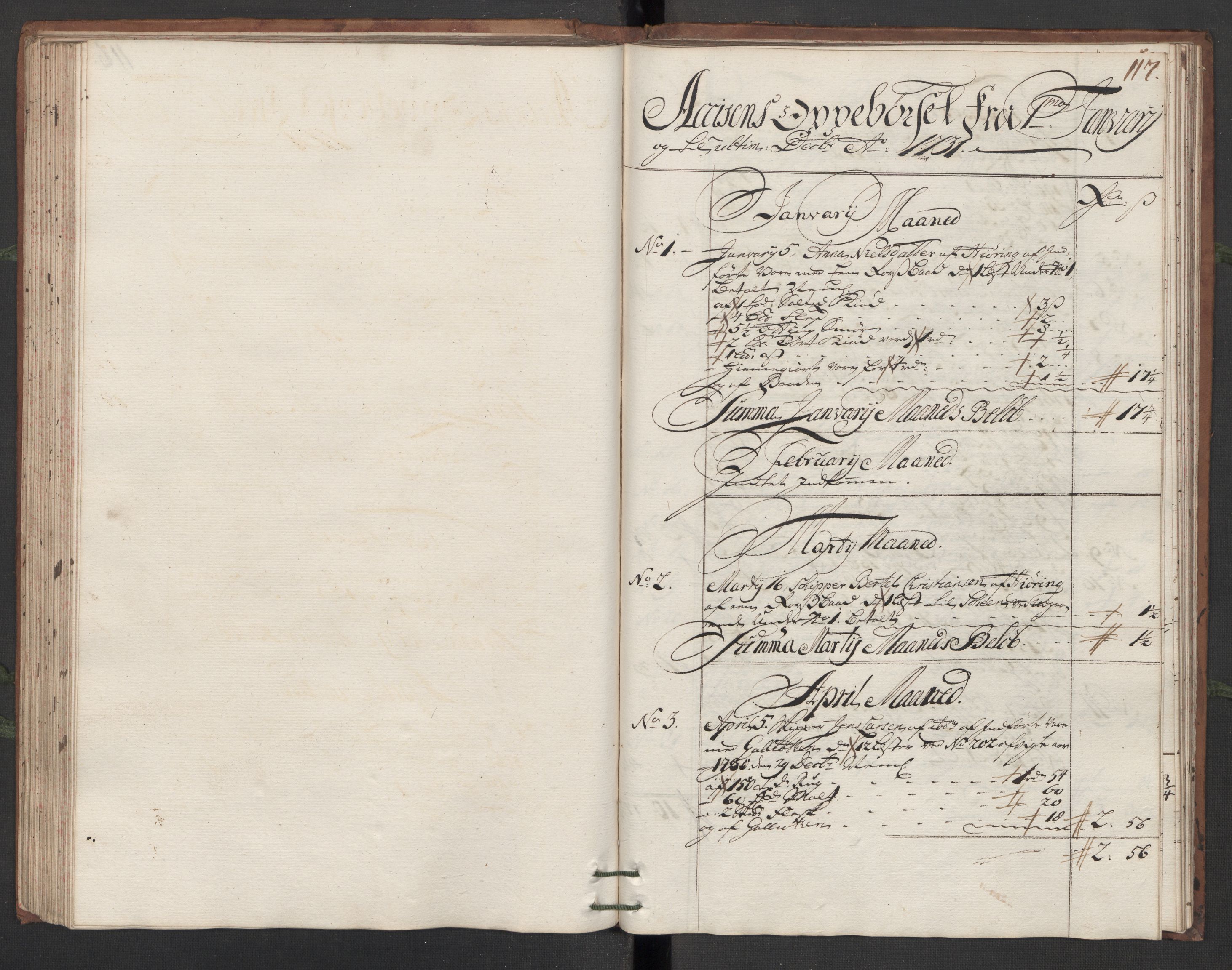 Generaltollkammeret, tollregnskaper, AV/RA-EA-5490/R13/L0006/0001: Tollregnskaper Kragerø / Hovedtollbok, 1731, p. 116b-117a