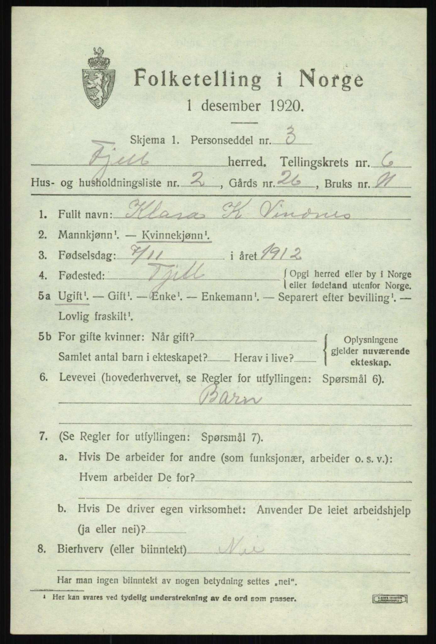 SAB, 1920 census for Fjell, 1920, p. 5226