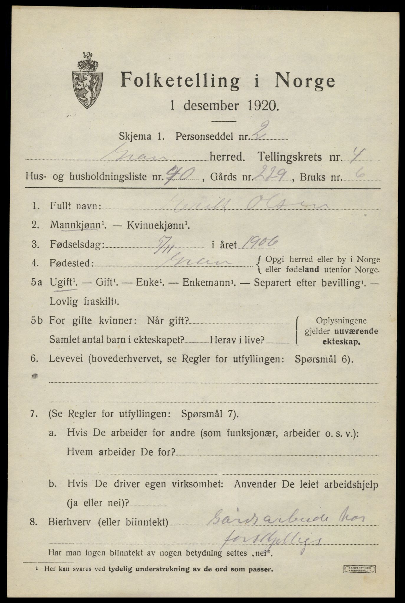SAH, 1920 census for Gran, 1920, p. 6864