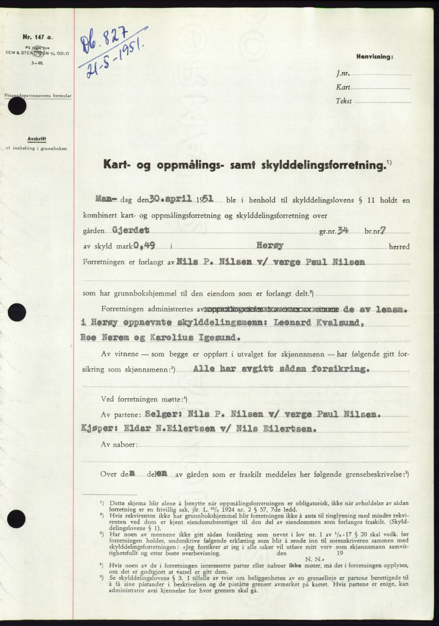 Søre Sunnmøre sorenskriveri, AV/SAT-A-4122/1/2/2C/L0089: Mortgage book no. 15A, 1951-1951, Diary no: : 827/1951