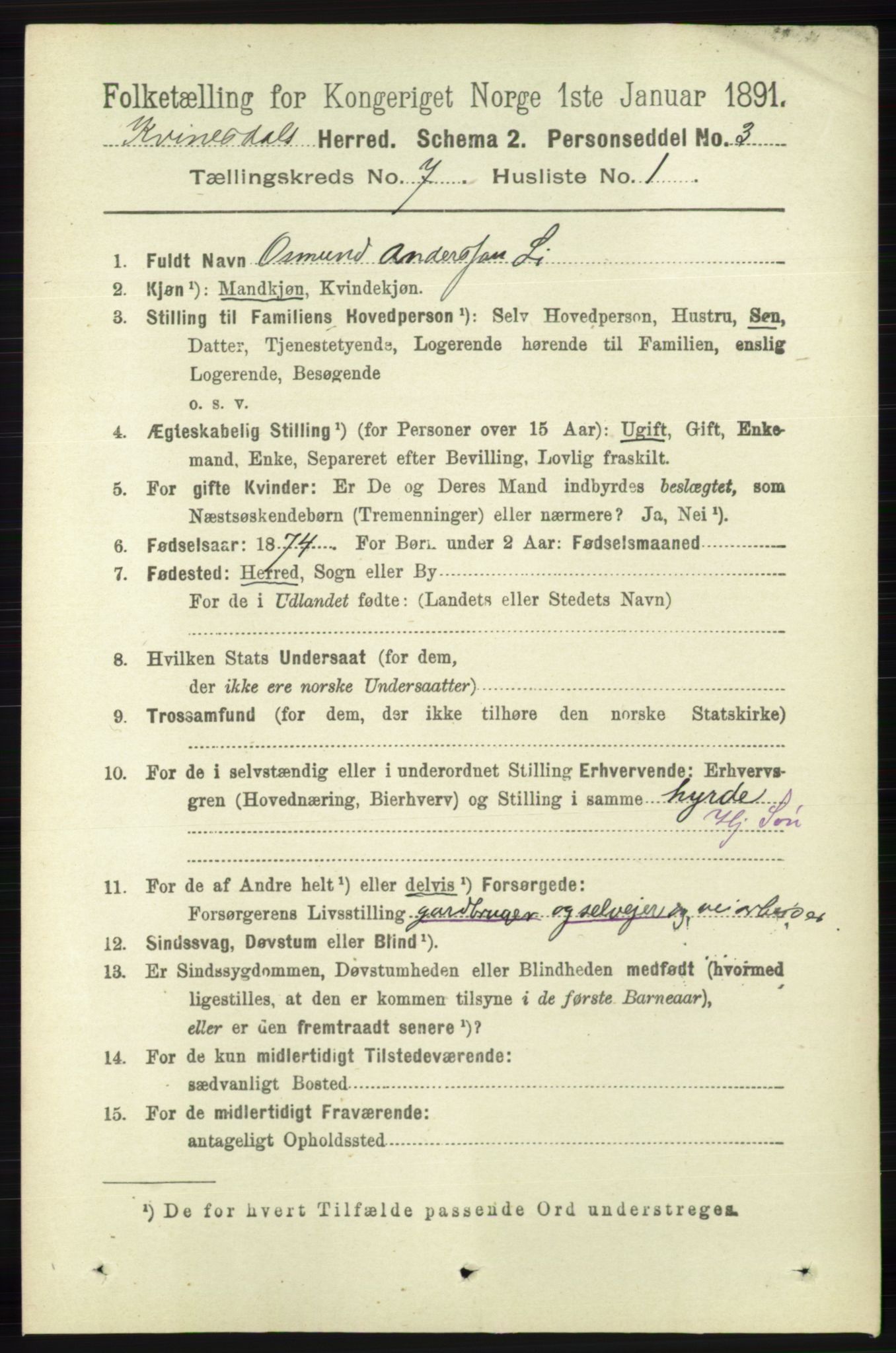 RA, 1891 census for 1037 Kvinesdal, 1891, p. 2423