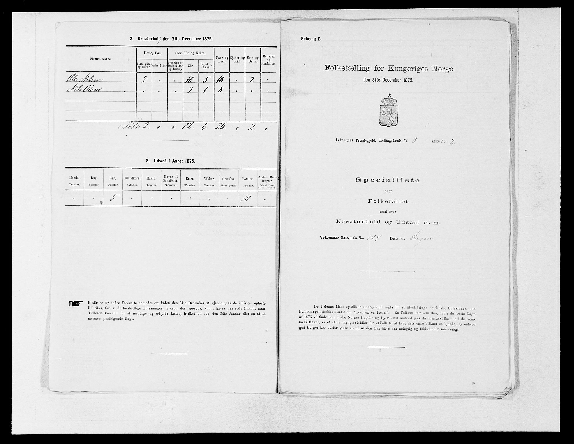 SAB, 1875 census for 1419P Leikanger, 1875, p. 630