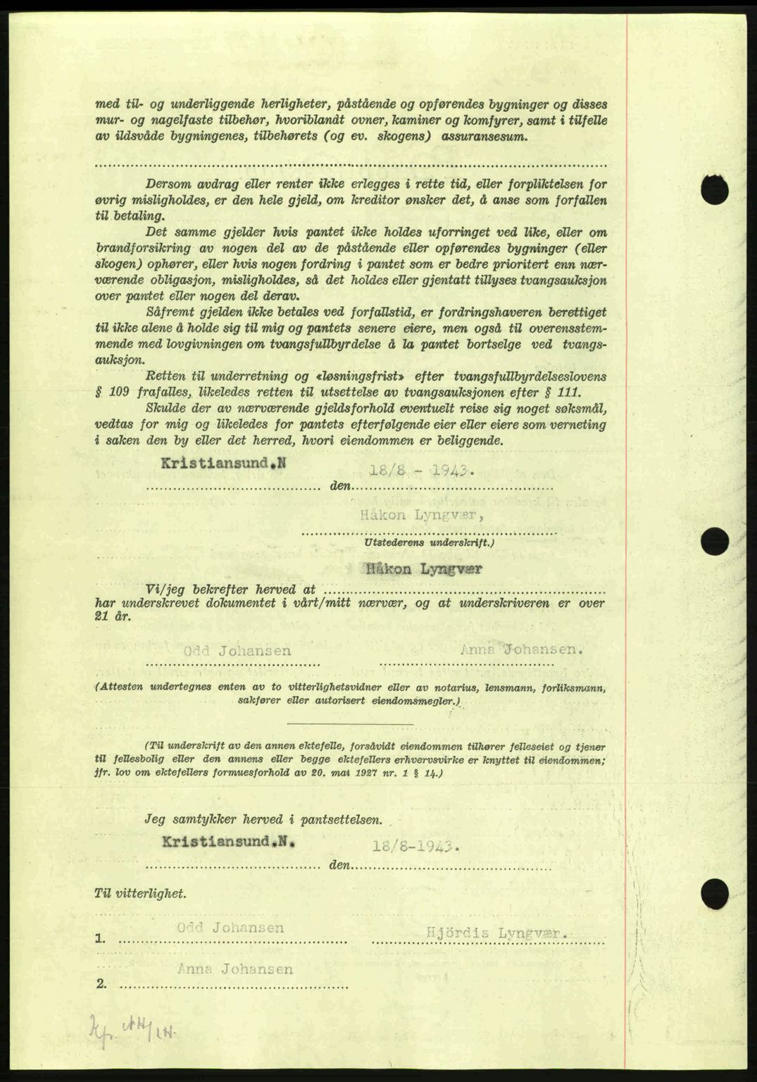 Nordmøre sorenskriveri, AV/SAT-A-4132/1/2/2Ca: Mortgage book no. B91, 1943-1944, Diary no: : 1841/1943